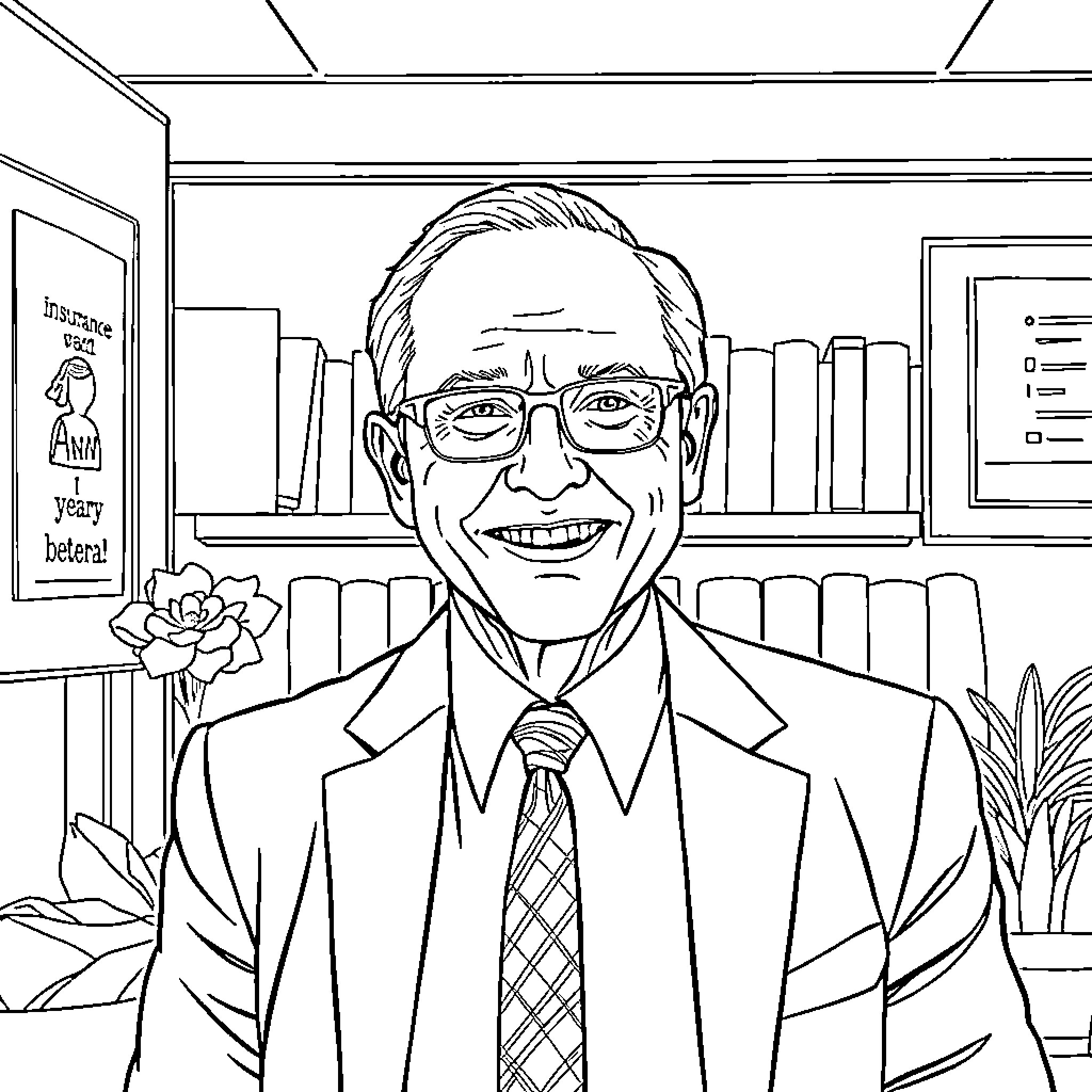 Insurance Agent Smiling in His Office Coloring Page (free black-and-white line drawing printable PDF for all, from beginners to advanced learners, including children, teens, adults, and seniors)