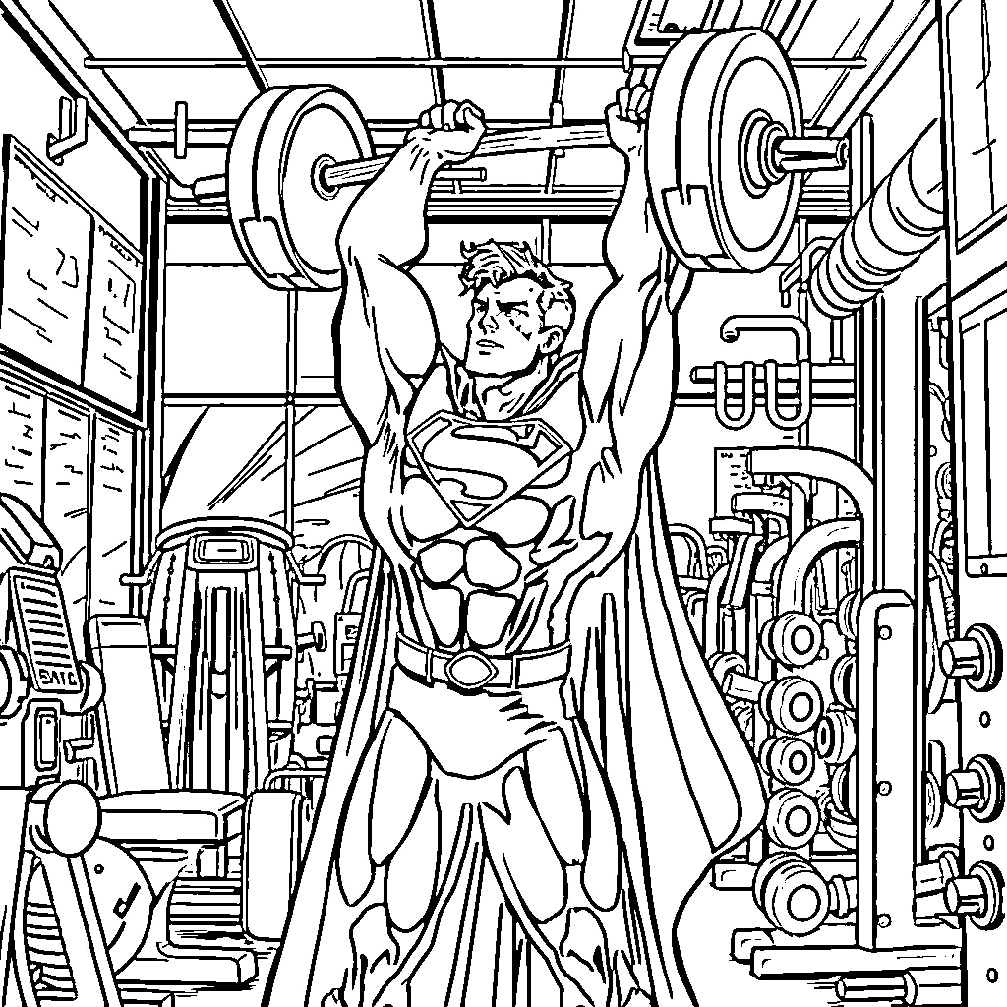 Superman lifting weights in a gym setting Coloring Page (free black-and-white line drawing printable PDF for all, from beginners to advanced learners, including children, teens, adults, and seniors)