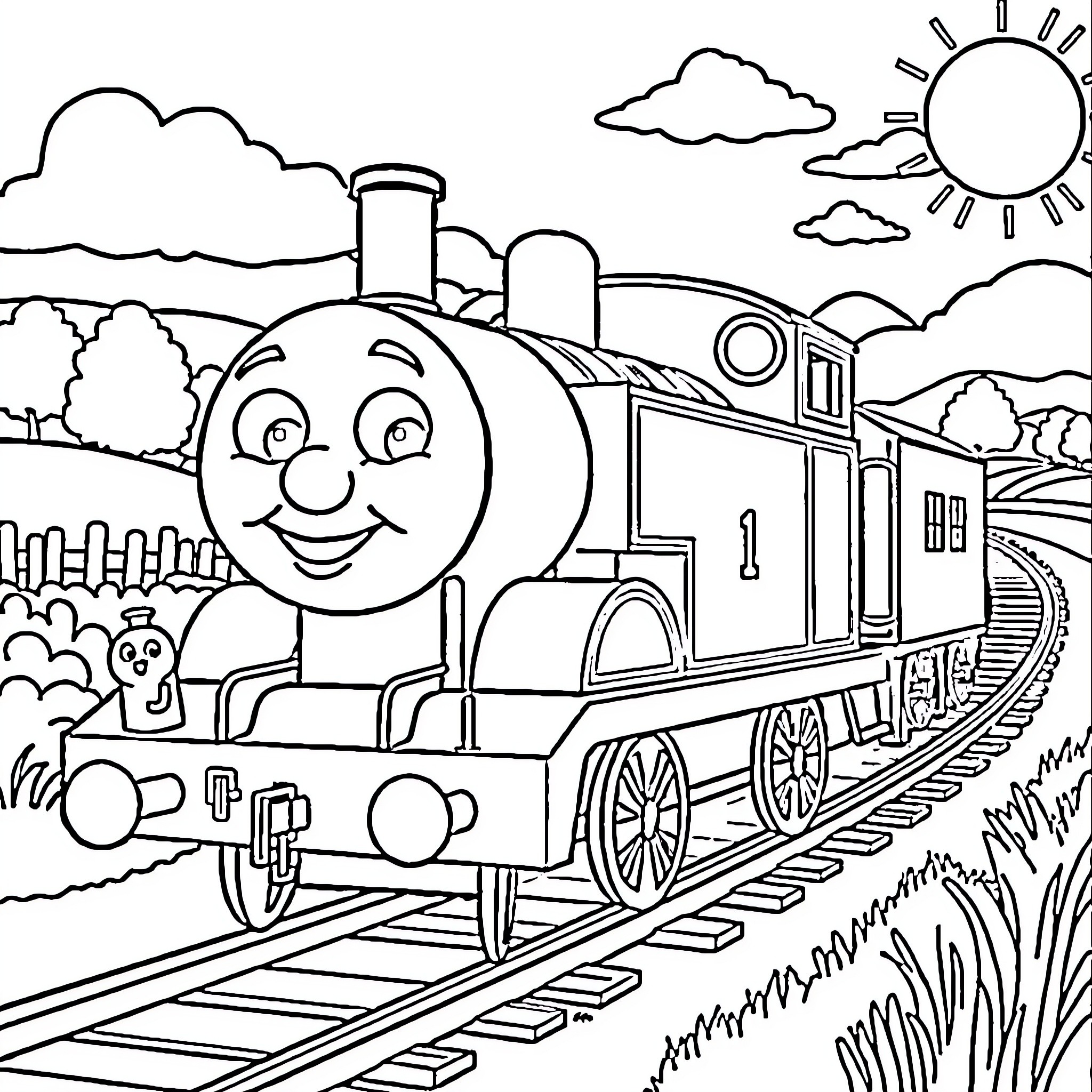 Thomas the Train exploring the countryside Coloring Page (free black-and-white line drawing printable PDF for all, from beginners to advanced learners, including children, teens, adults, and seniors)