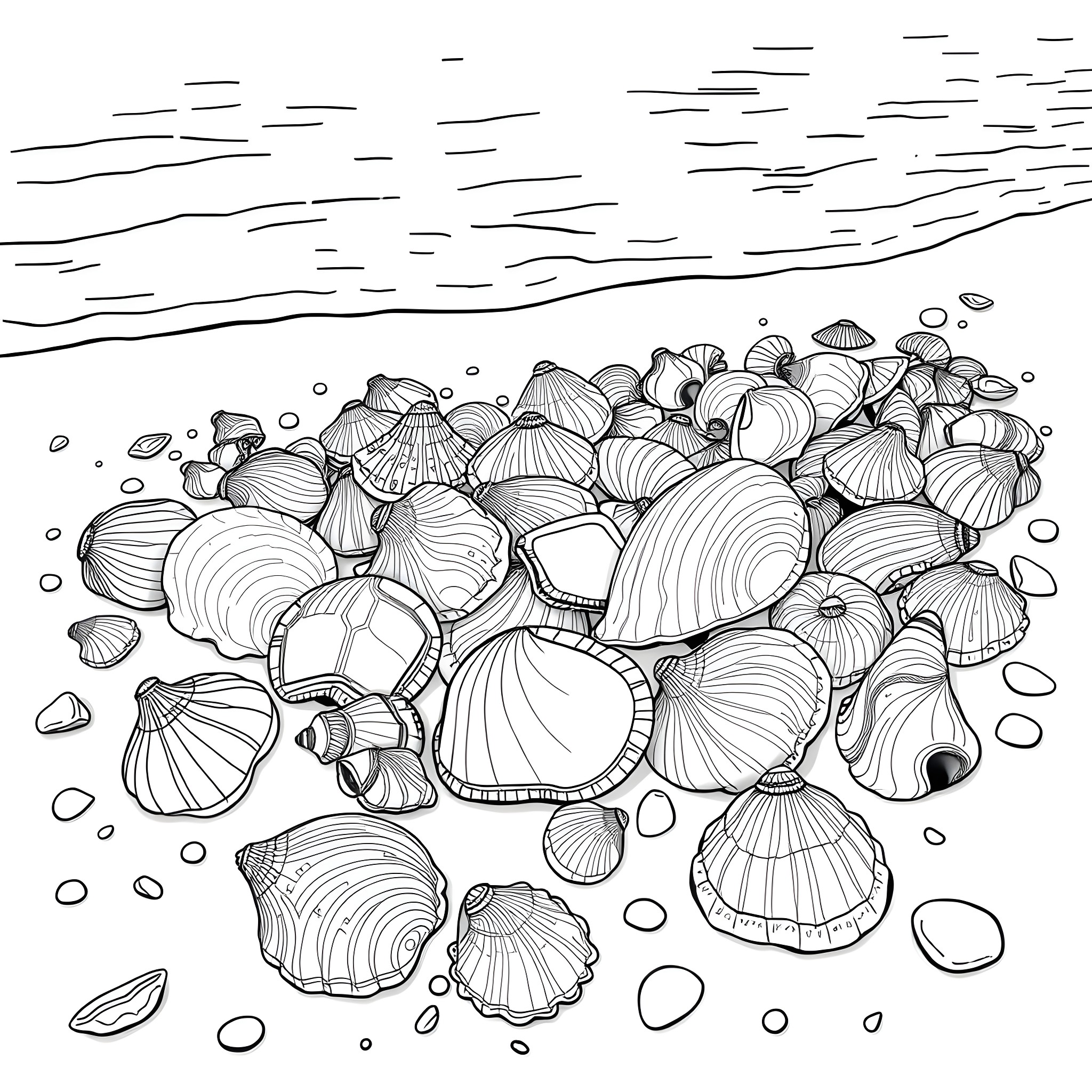Seashell Treasure Trove Coloring Page (free black-and-white line drawing printable PDF for all, from beginners to advanced learners, including children, teens, adults, and seniors)