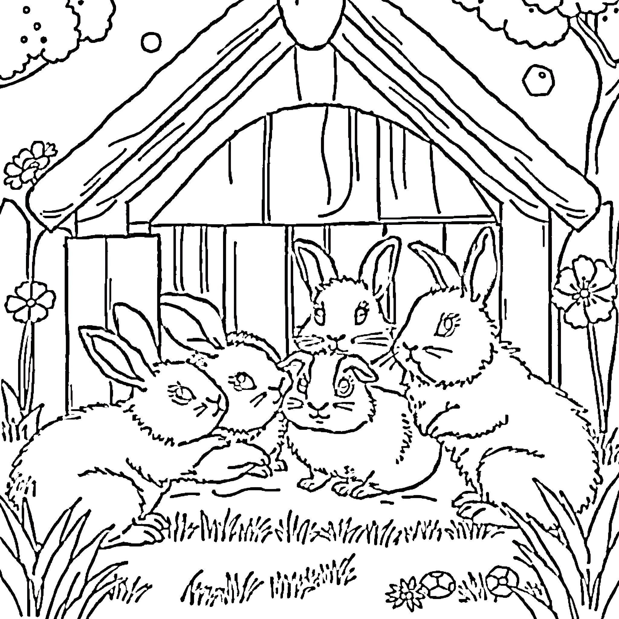 Rabbit family in a cozy barn Coloring Page (free black-and-white line drawing printable PDF for all, from beginners to advanced learners, including children, teens, adults, and seniors)
