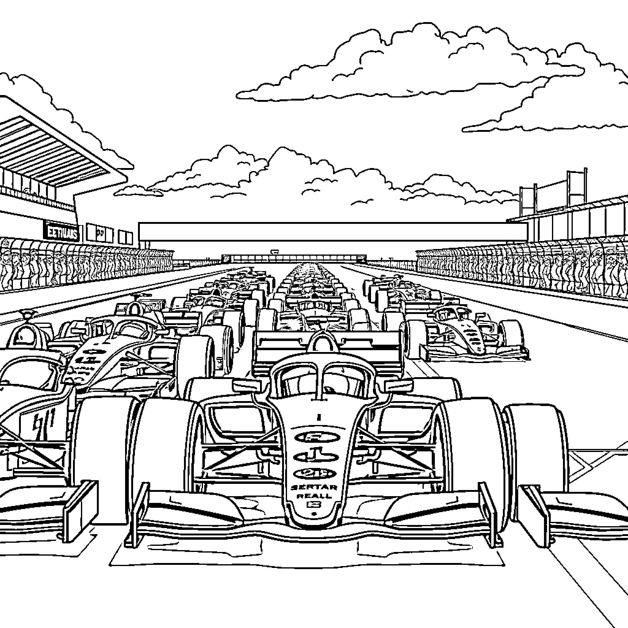 F1 Cars Racing on the Circuit Coloring Page (free black-and-white line drawing printable PDF for all, from beginners to advanced learners, including children, teens, adults, and seniors)