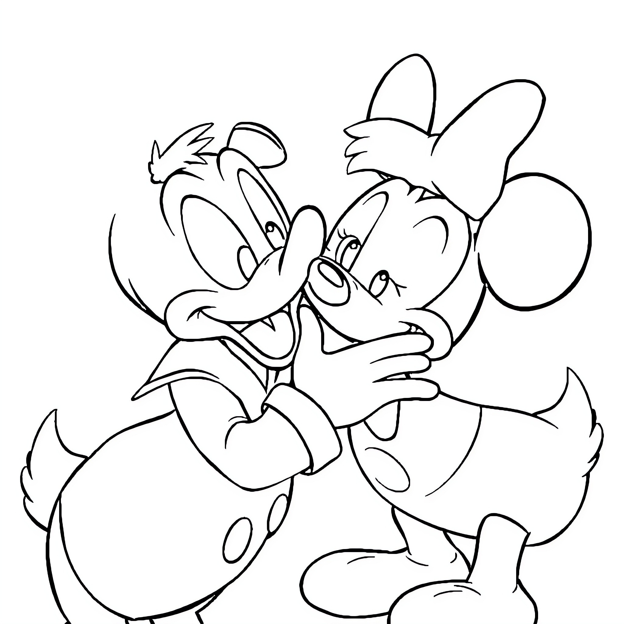 Donald and Daisy Duck in Playful Embrace Coloring Page (free black-and-white line drawing printable PDF for all, from beginners to advanced learners, including children, teens, adults, and seniors)