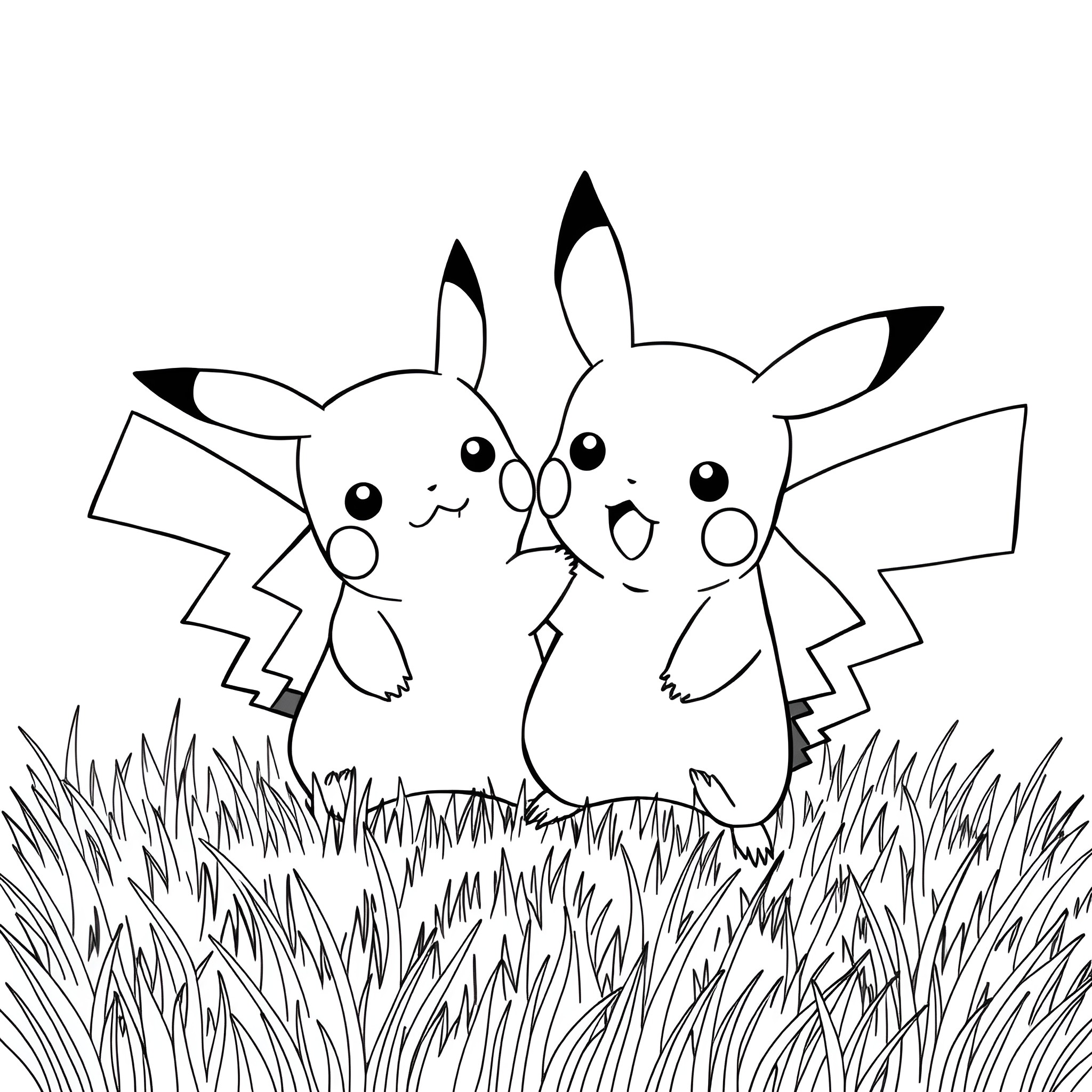Pikachu siblings playing happily in the grass Coloring Page (free black-and-white line drawing printable PDF for all, from beginners to advanced learners, including children, teens, adults, and seniors)