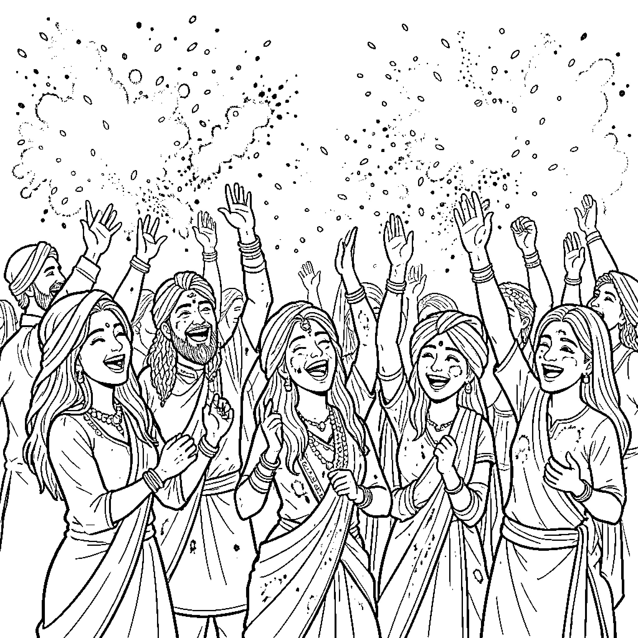 Holi celebration with joyous people Coloring Page (free black-and-white line drawing printable PDF for all, from beginners to advanced learners, including children, teens, adults, and seniors)