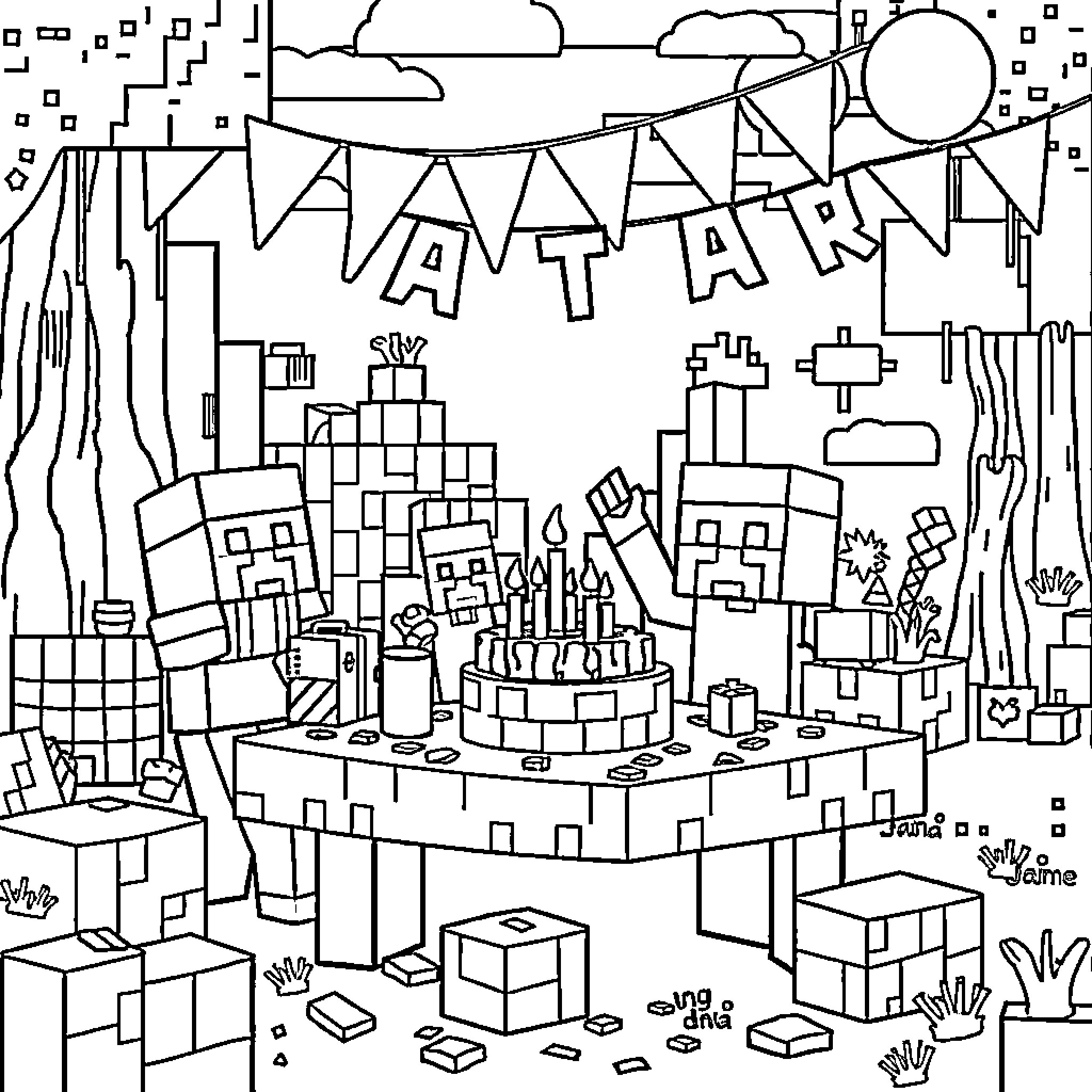 Minecraft Birthday Celebration with Decorations and Gifts Coloring Page (free black-and-white line drawing printable PDF for all, from beginners to advanced learners, including children, teens, adults, and seniors)