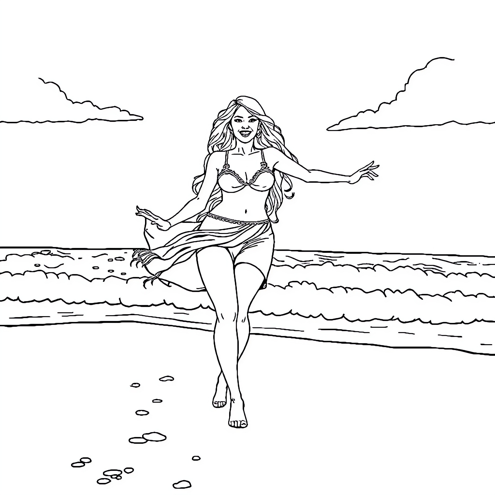 Shakira enjoying the beach in a bikini Coloring Page (free black-and-white line drawing printable PDF for all, from beginners to advanced learners, including children, teens, adults, and seniors)