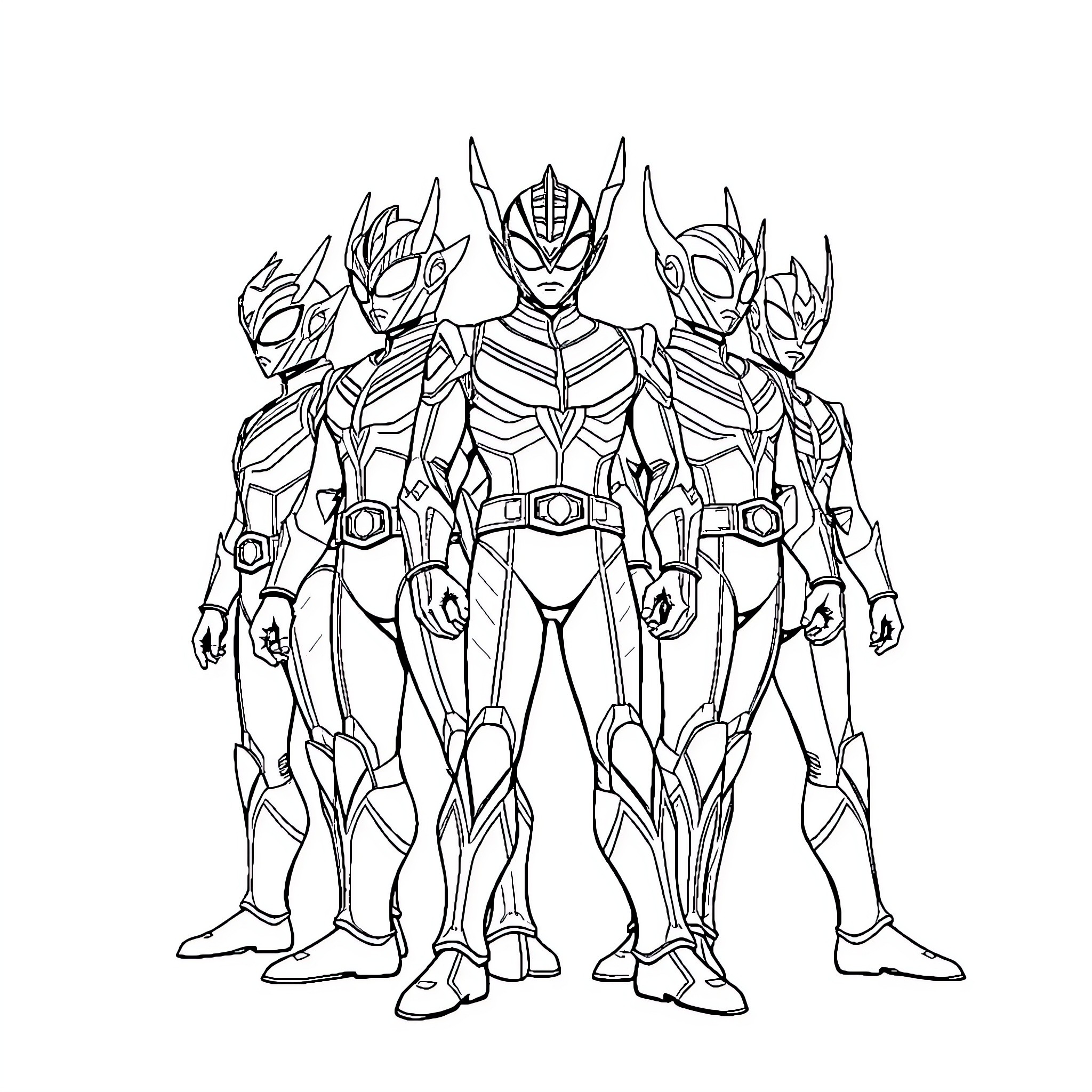 Ultraman heroes in battle-ready poses Coloring Page (free black-and-white line drawing printable PDF for all, from beginners to advanced learners, including children, teens, adults, and seniors)