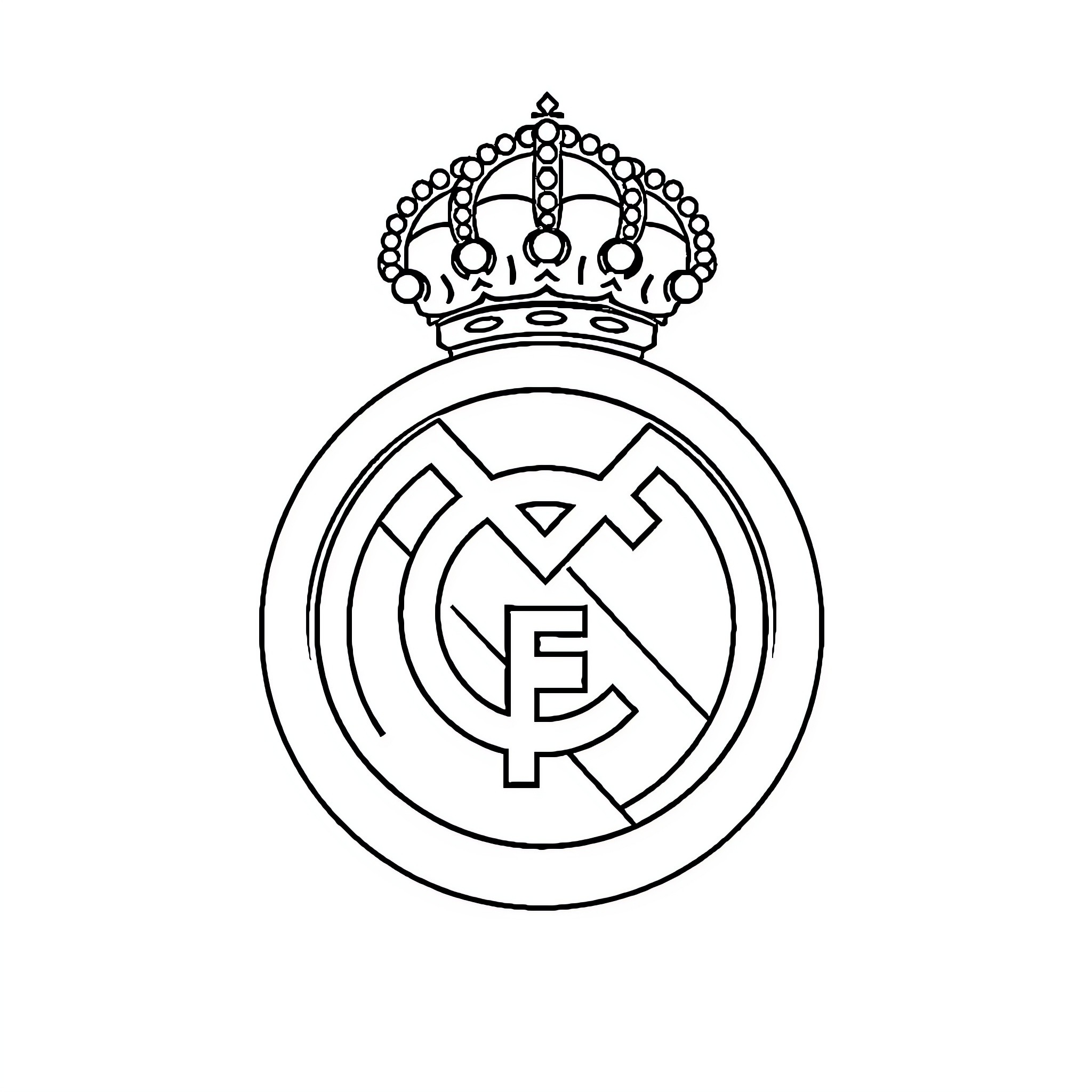 Real Madrid club crest with crown Coloring Page (free black-and-white line drawing printable PDF for all, from beginners to advanced learners, including children, teens, adults, and seniors)
