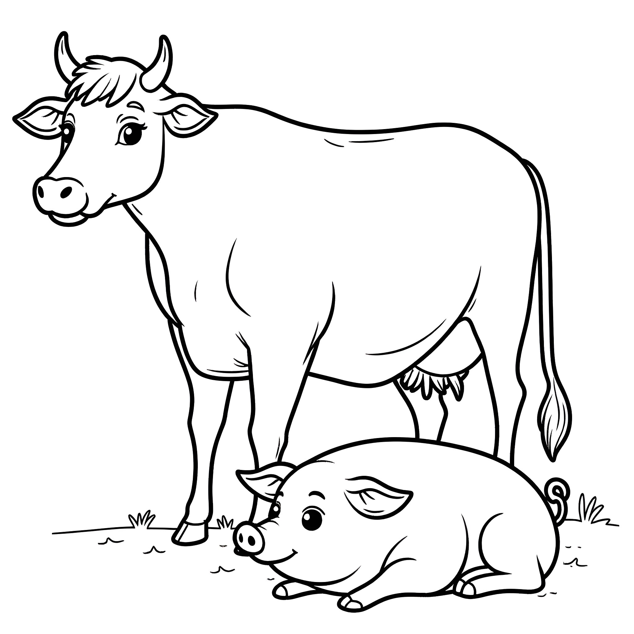 Cow and Pig in Farmyard Coloring Page (free black-and-white line drawing printable PDF for all, from beginners to advanced learners, including children, teens, adults, and seniors)