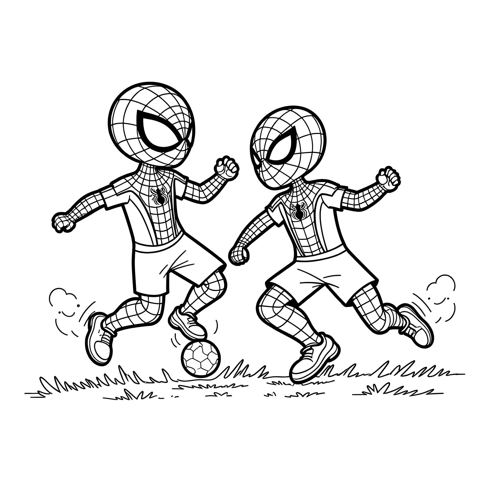Spidey duo playing soccer enthusiastically Coloring Page (free black-and-white line drawing printable PDF for all, from beginners to advanced learners, including children, teens, adults, and seniors)