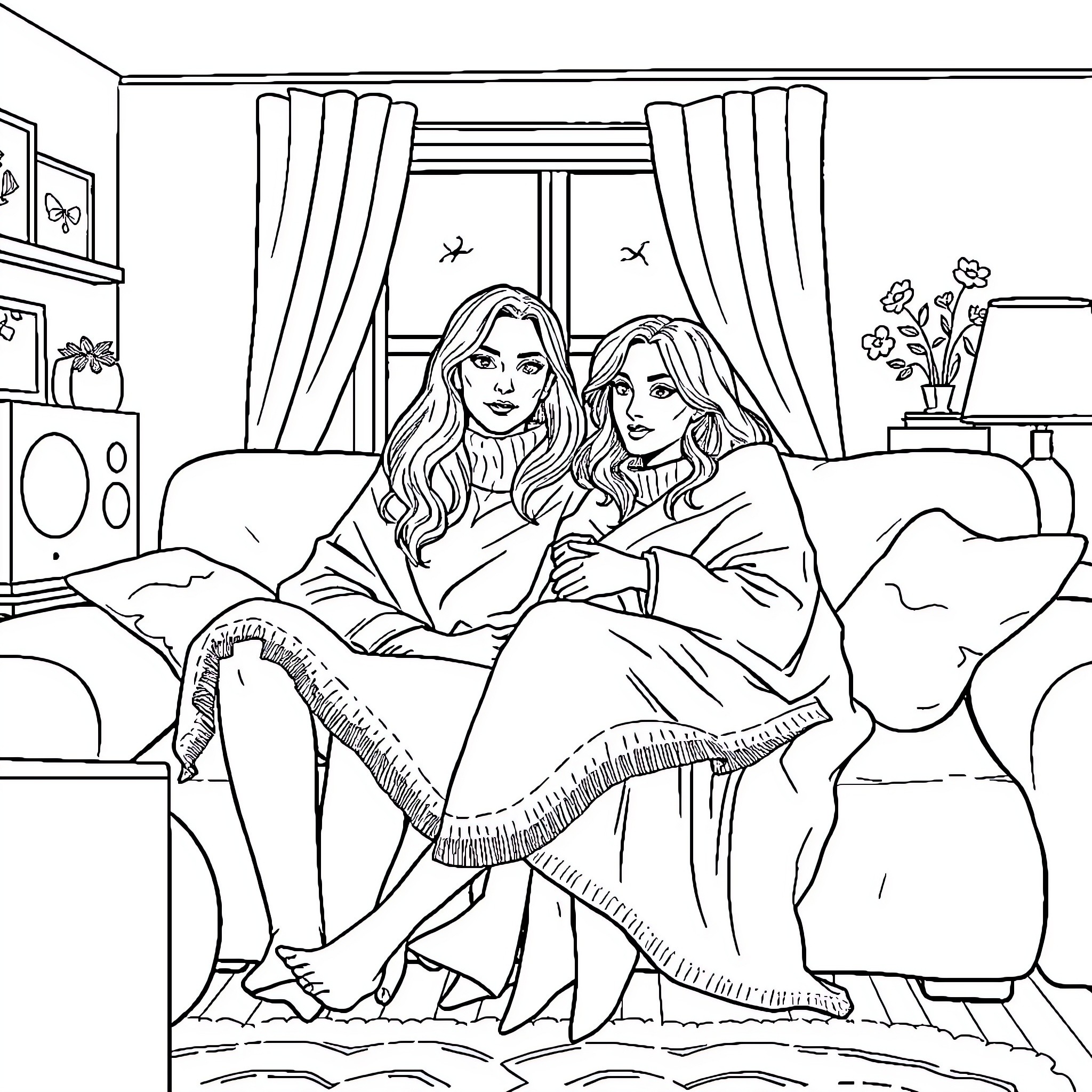 Natasha and friend enjoy cozy evening at home Coloring Page (free black-and-white line drawing printable PDF for all, from beginners to advanced learners, including children, teens, adults, and seniors)