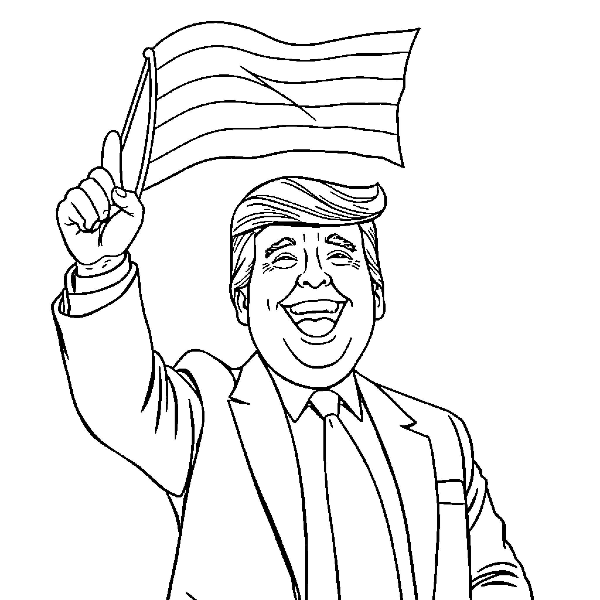Trump Waving American Flag with Enthusiasm Coloring Page (free black-and-white line drawing printable PDF for all, from beginners to advanced learners, including children, teens, adults, and seniors)