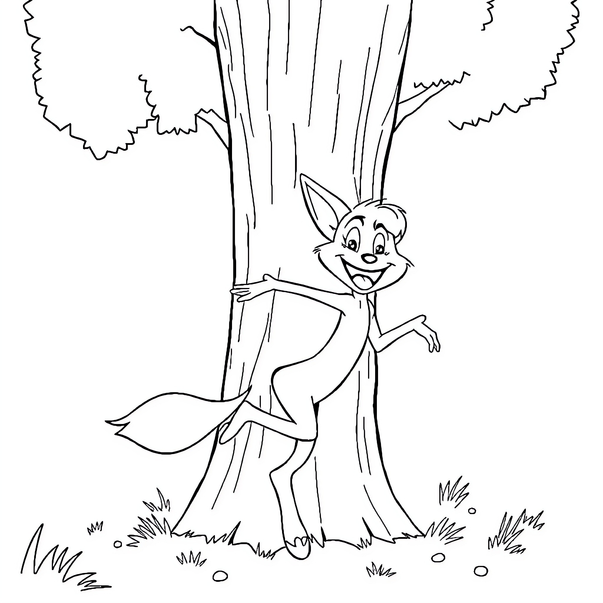 Jinx the Playful Fox in the Forest Coloring Page (free black-and-white line drawing printable PDF for all, from beginners to advanced learners, including children, teens, adults, and seniors)
