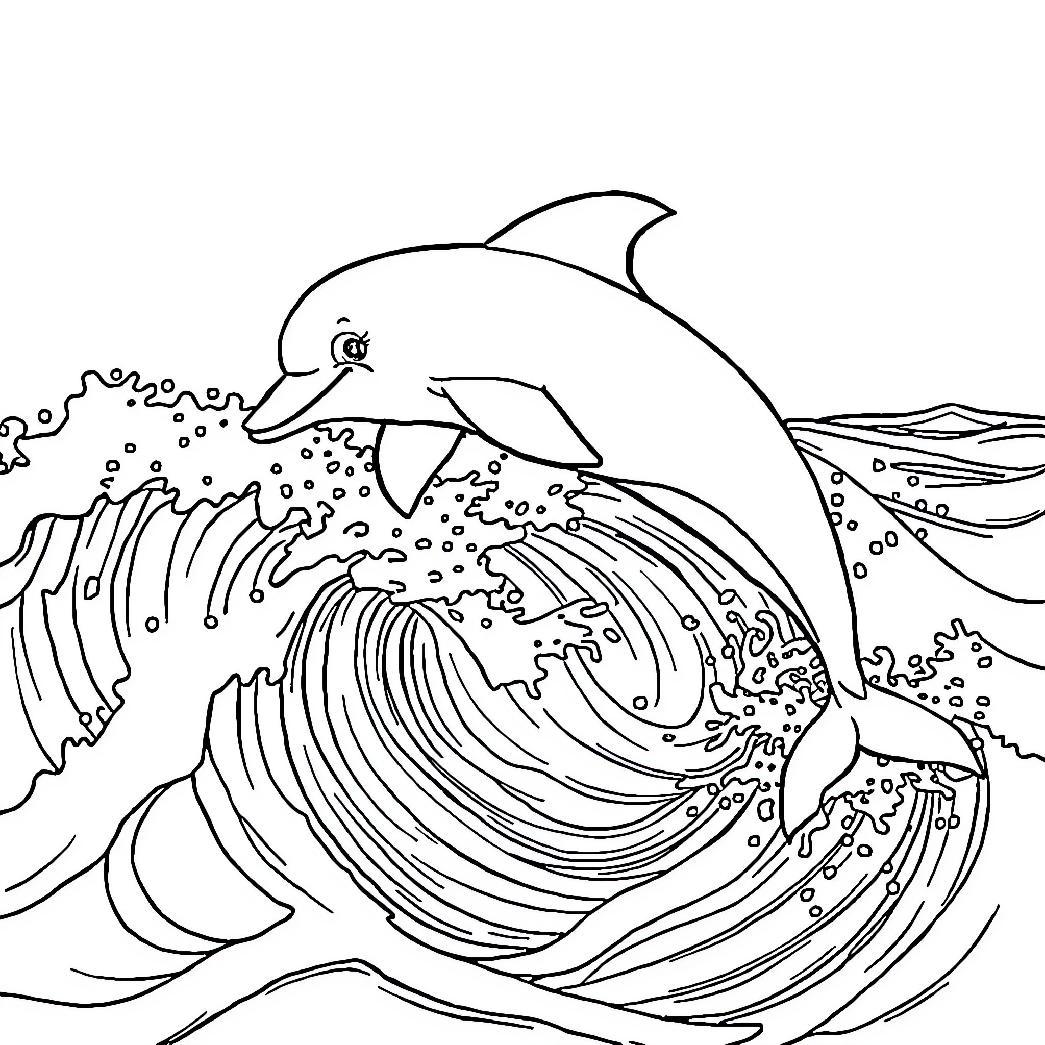 Dolphin swimming through ocean waves Coloring Page (free black-and-white line drawing printable PDF for all, from beginners to advanced learners, including children, teens, adults, and seniors)