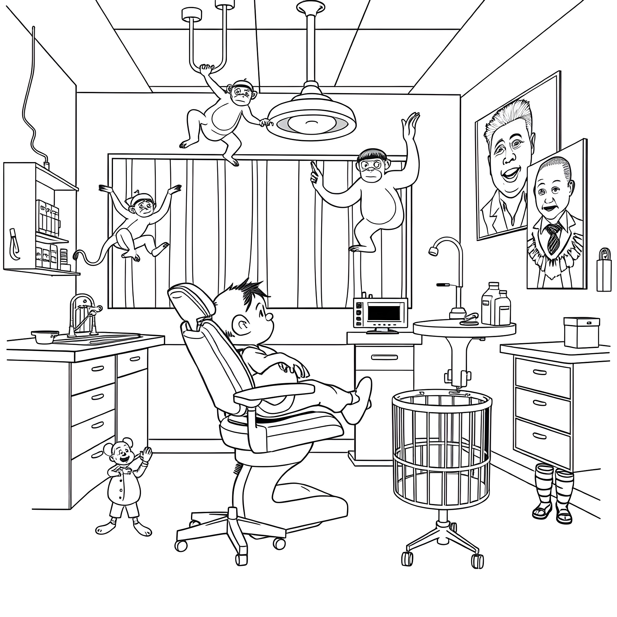Child having fun at the dentist's office Coloring Page (free black-and-white line drawing printable PDF for all, from beginners to advanced learners, including children, teens, adults, and seniors)