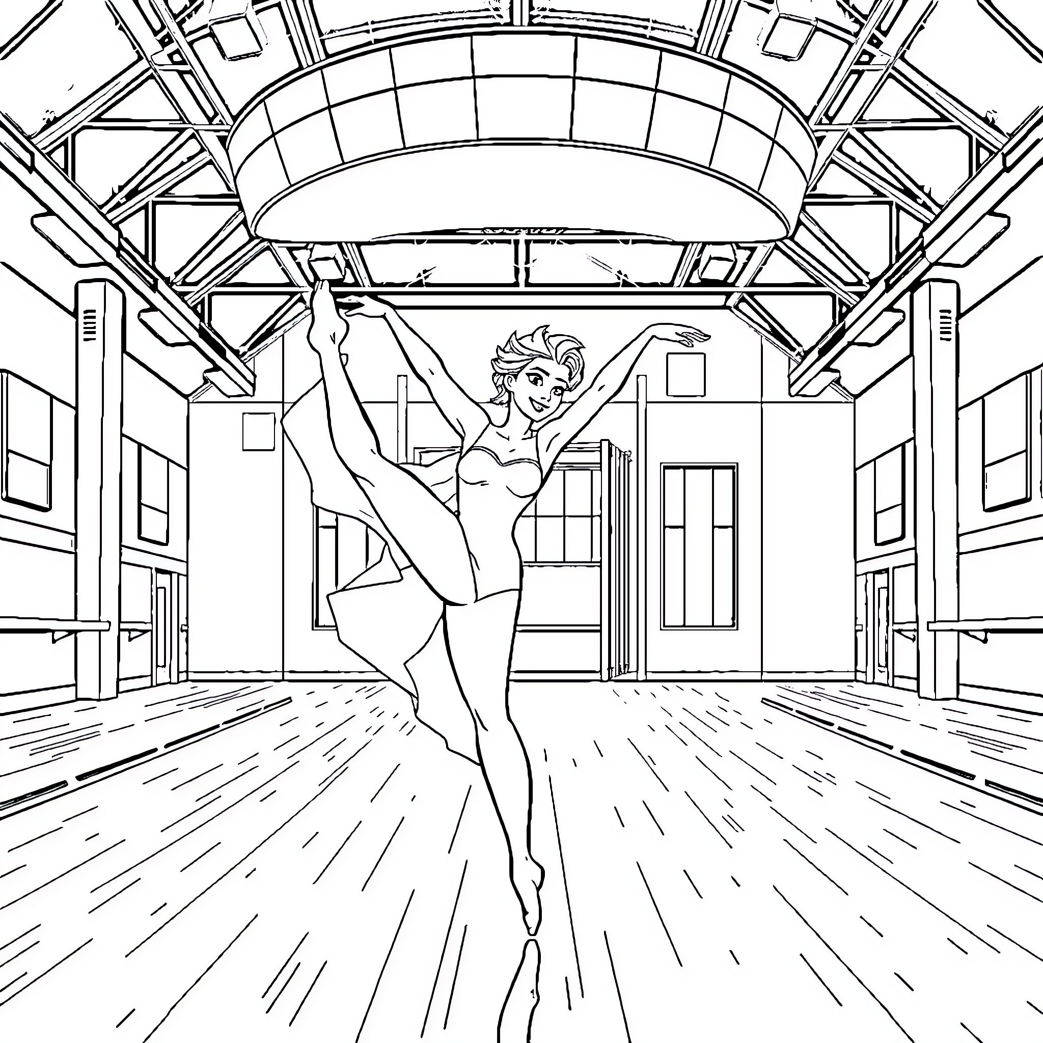 Elsa gracefully dancing in a ballet studio Coloring Page (free black-and-white line drawing printable PDF for all, from beginners to advanced learners, including children, teens, adults, and seniors)