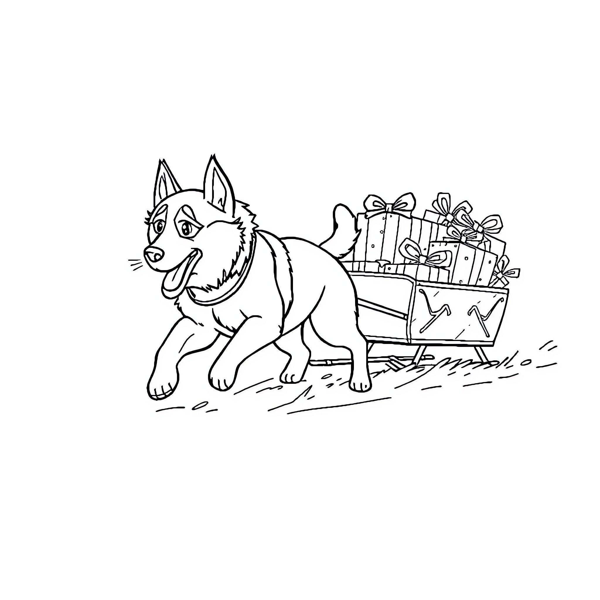 Husky Pulling Sled with Gifts Coloring Page (free black-and-white line drawing printable PDF for all, from beginners to advanced learners, including children, teens, adults, and seniors)