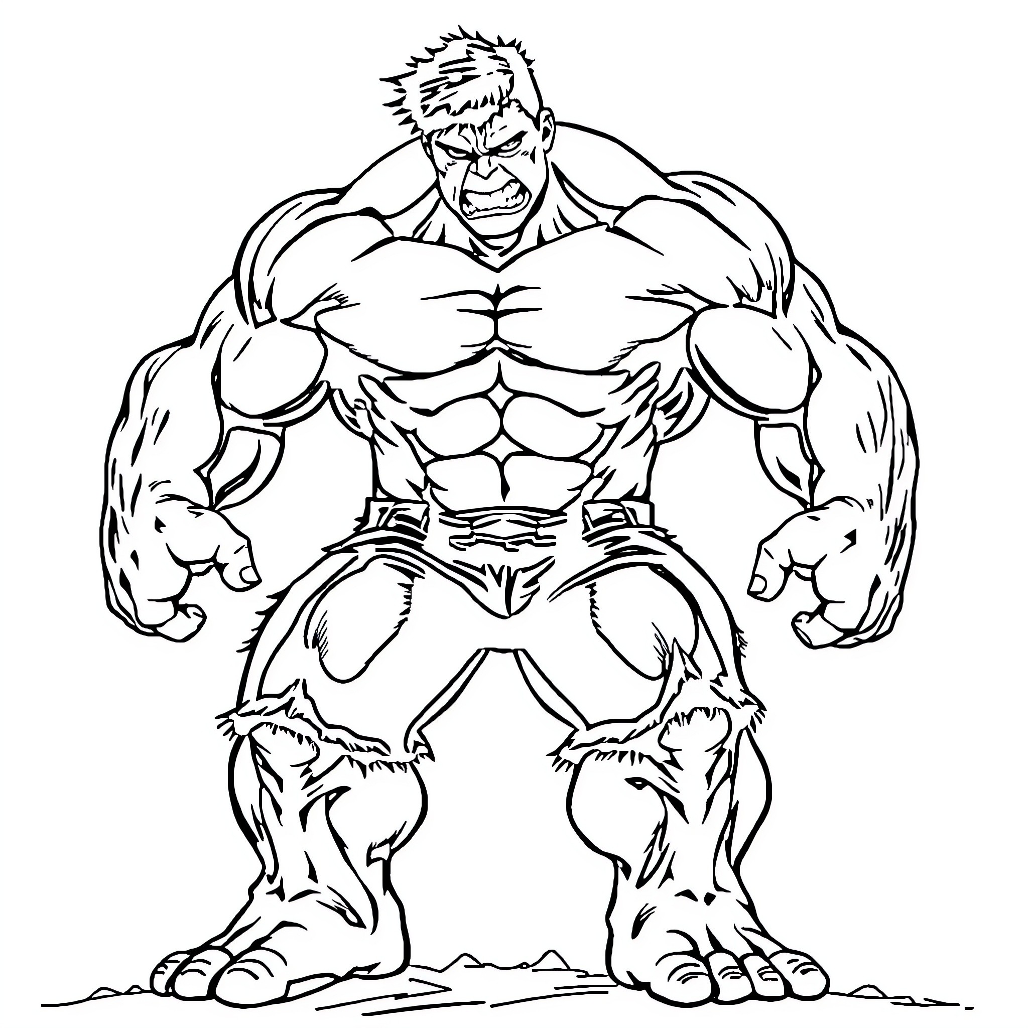 Hulk Fierce Muscular Superhero Illustration Coloring Page (free black-and-white line drawing printable PDF for all, from beginners to advanced learners, including children, teens, adults, and seniors)