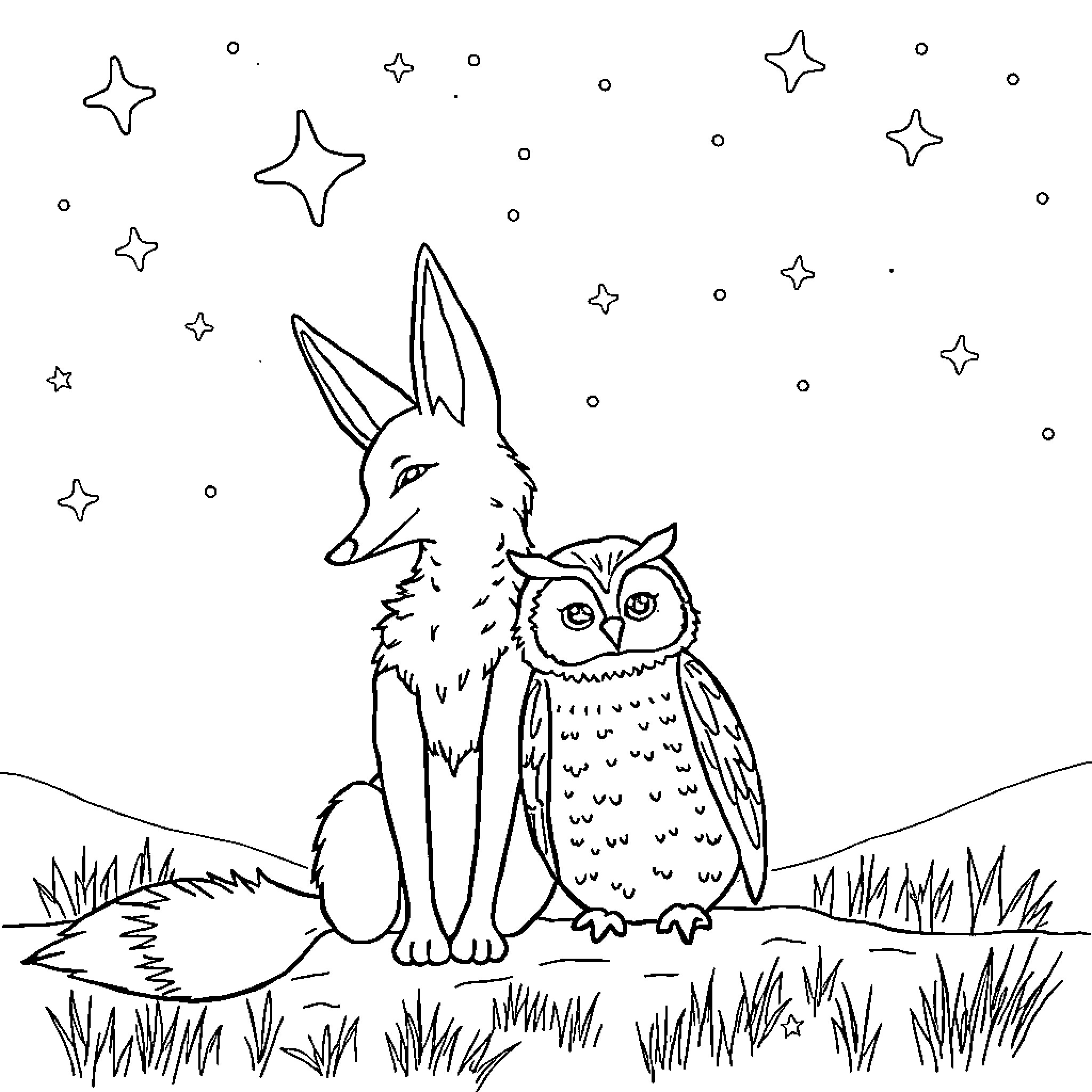 Coyote and Owl Under the Starry Night Sky Coloring Page (free black-and-white line drawing printable PDF for all, from beginners to advanced learners, including children, teens, adults, and seniors)