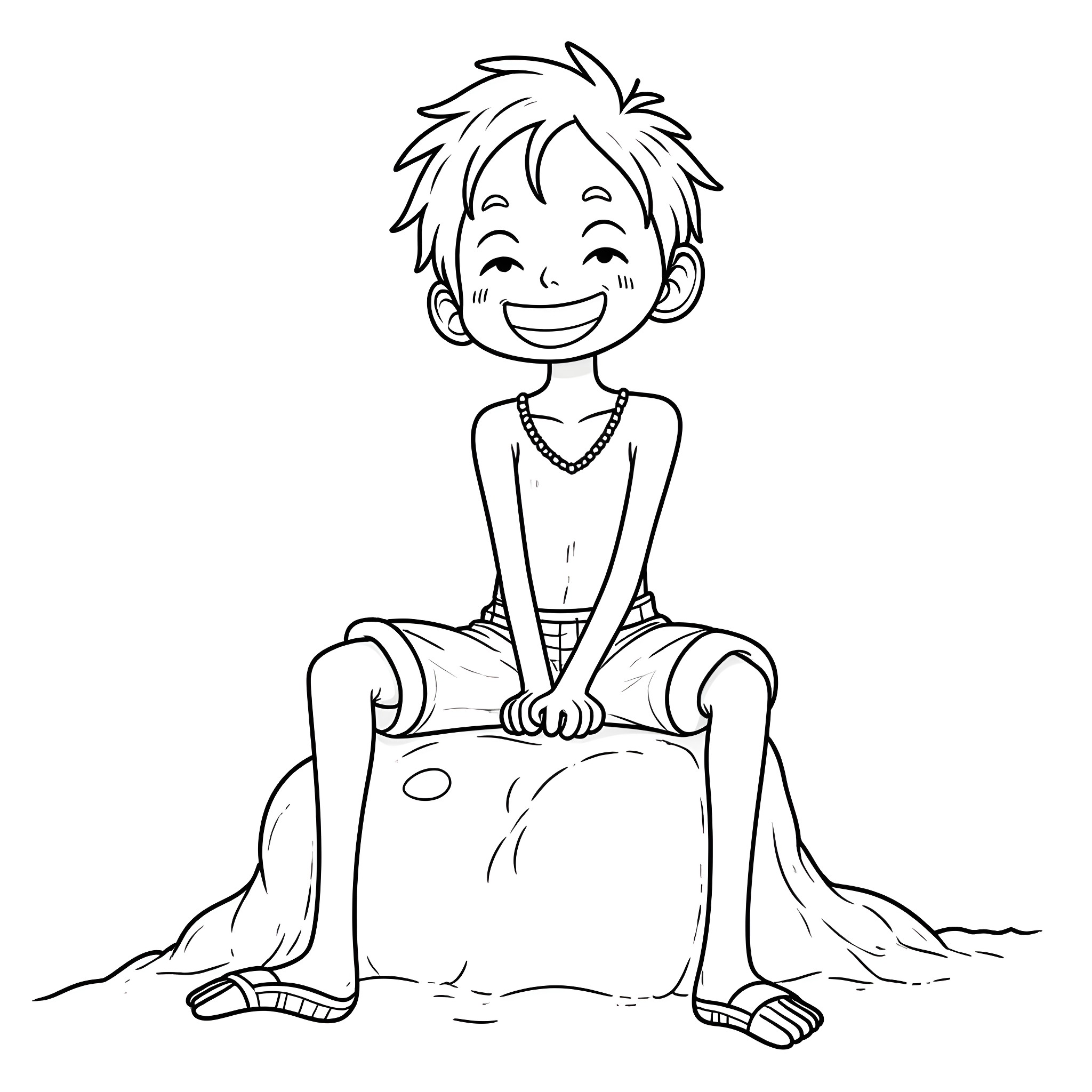 Monkey D Luffy enjoying a relaxing day Coloring Page (free black-and-white line drawing printable PDF for all, from beginners to advanced learners, including children, teens, adults, and seniors)