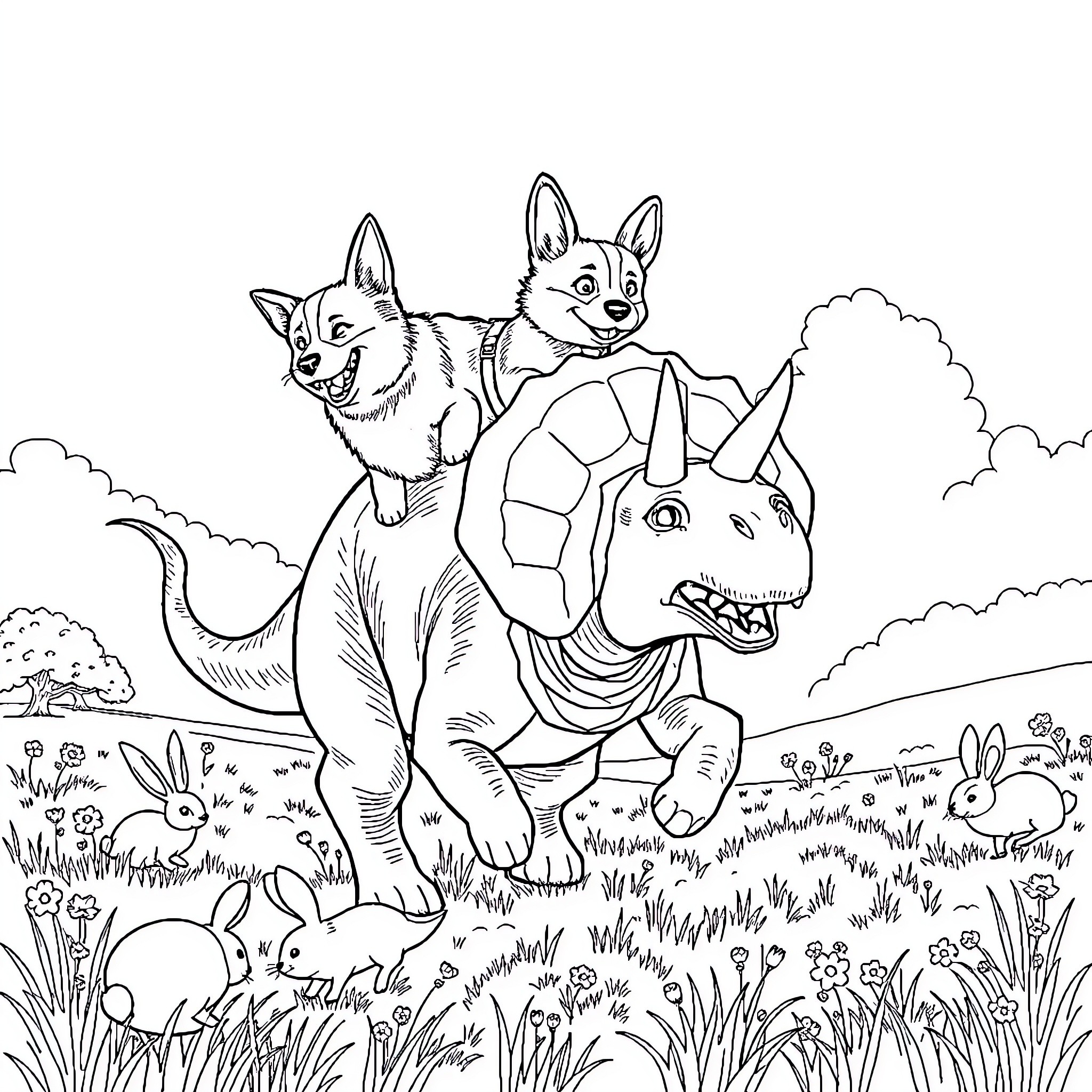 Corgi companions exploring a lush meadow Coloring Page (free black-and-white line drawing printable PDF for all, from beginners to advanced learners, including children, teens, adults, and seniors)