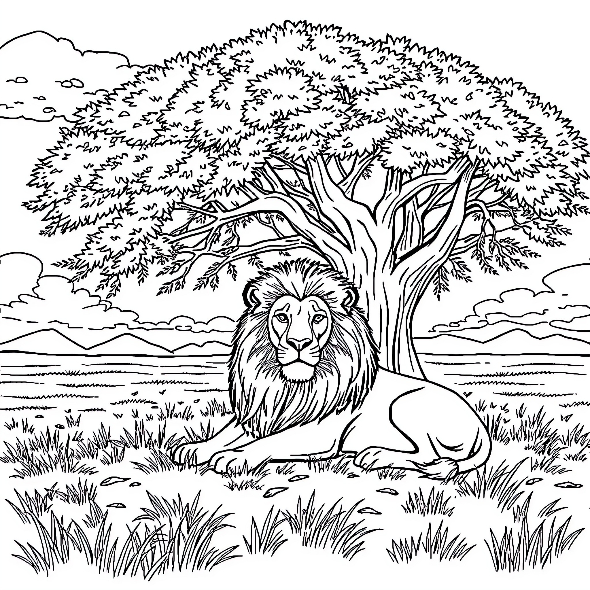 Lion resting beneath a majestic tree Coloring Page (free black-and-white line drawing printable PDF for all, from beginners to advanced learners, including children, teens, adults, and seniors)