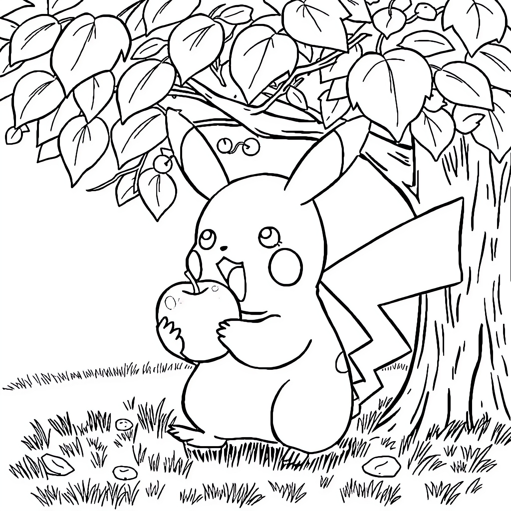 Pikachu enjoying an apple in a forest Coloring Page (free black-and-white line drawing printable PDF for all, from beginners to advanced learners, including children, teens, adults, and seniors)