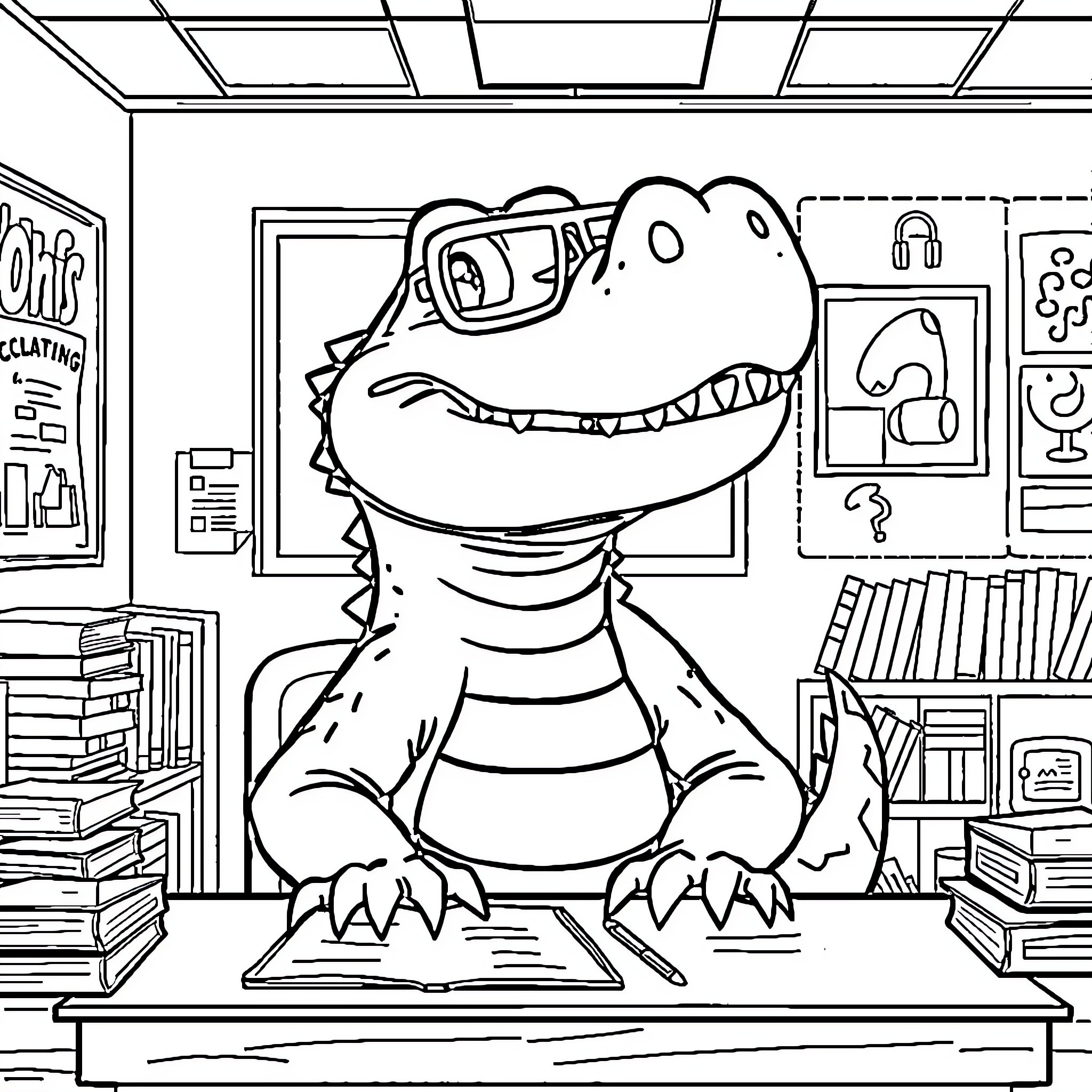 Alligator working at desk in office setting Coloring Page (free black-and-white line drawing printable PDF for all, from beginners to advanced learners, including children, teens, adults, and seniors)