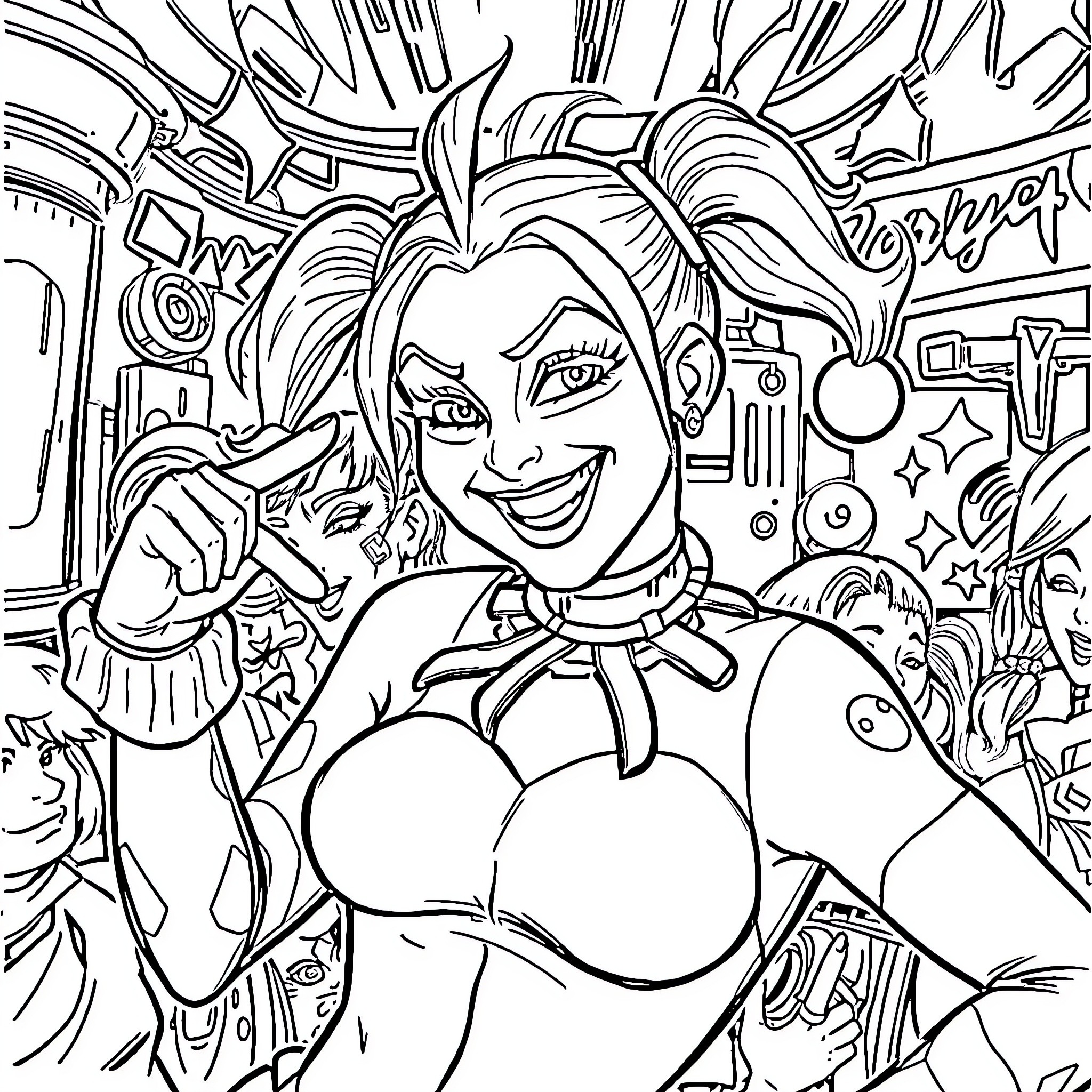 Harley Quinn's Chaotic Mischief Coloring Page (free black-and-white line drawing printable PDF for all, from beginners to advanced learners, including children, teens, adults, and seniors)