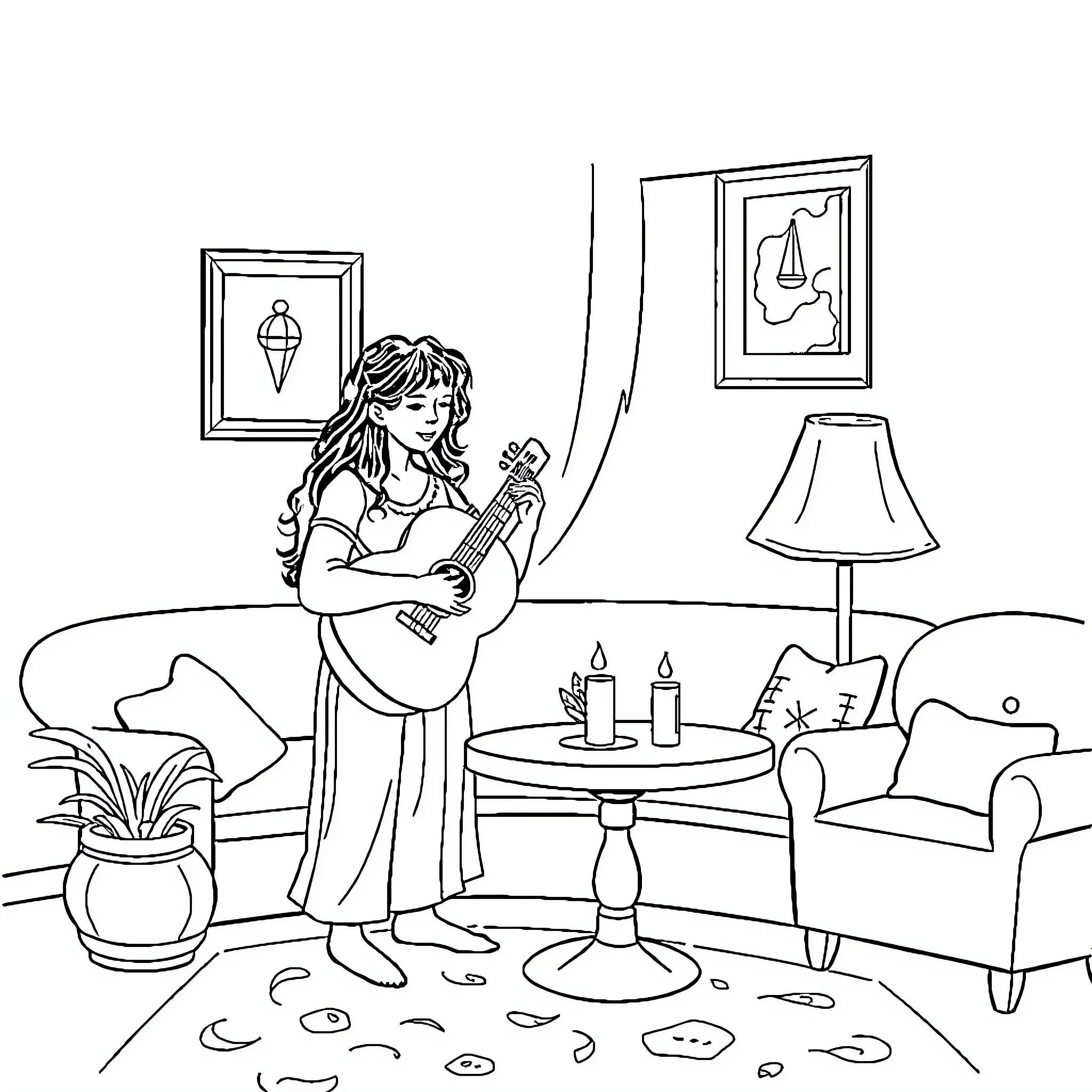 Lute player performing in a cozy room Coloring Page (free black-and-white line drawing printable PDF for all, from beginners to advanced learners, including children, teens, adults, and seniors)