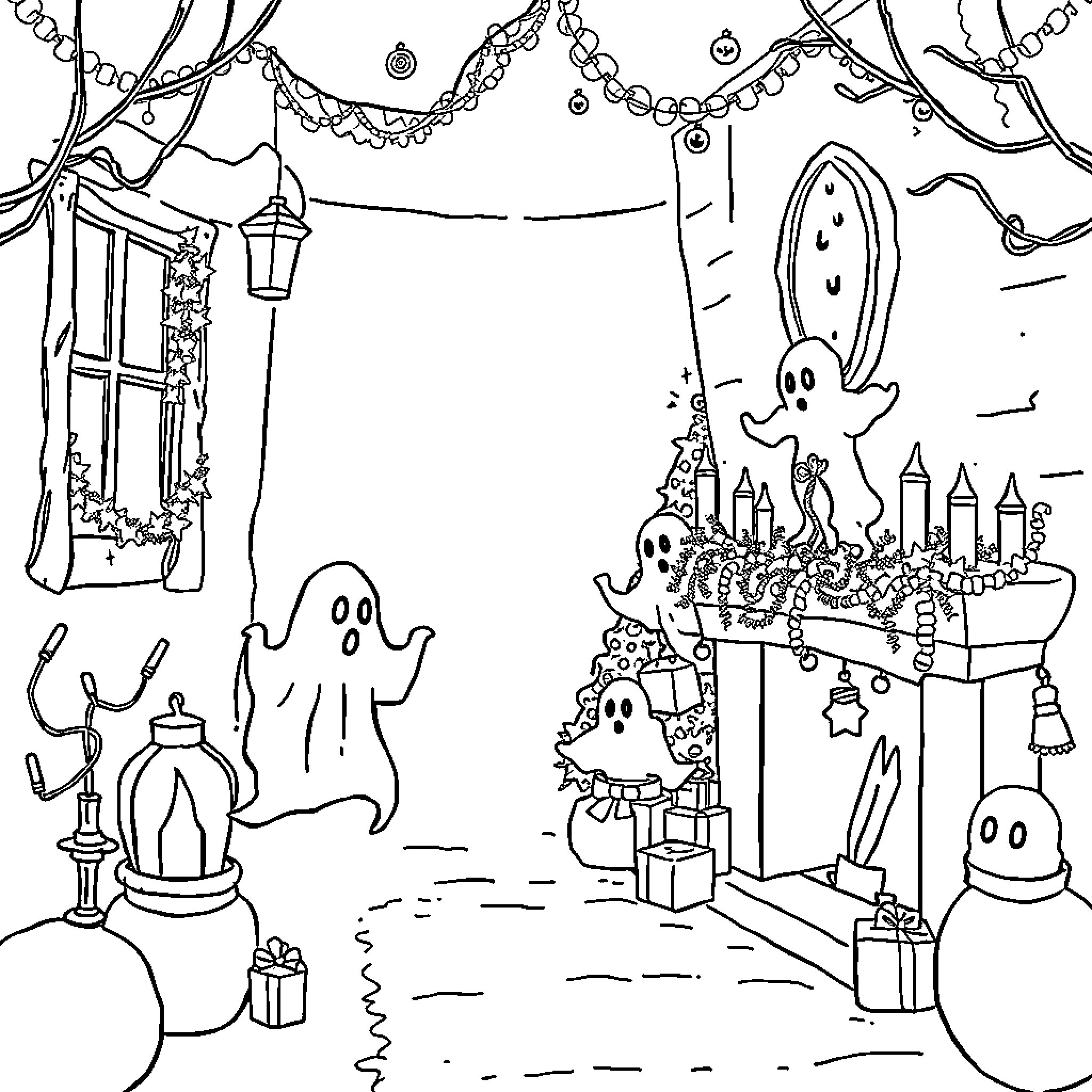 Christmas Celebration with Whimsical Ghosts and Decorations Coloring Page (free black-and-white line drawing printable PDF for all, from beginners to advanced learners, including children, teens, adults, and seniors)