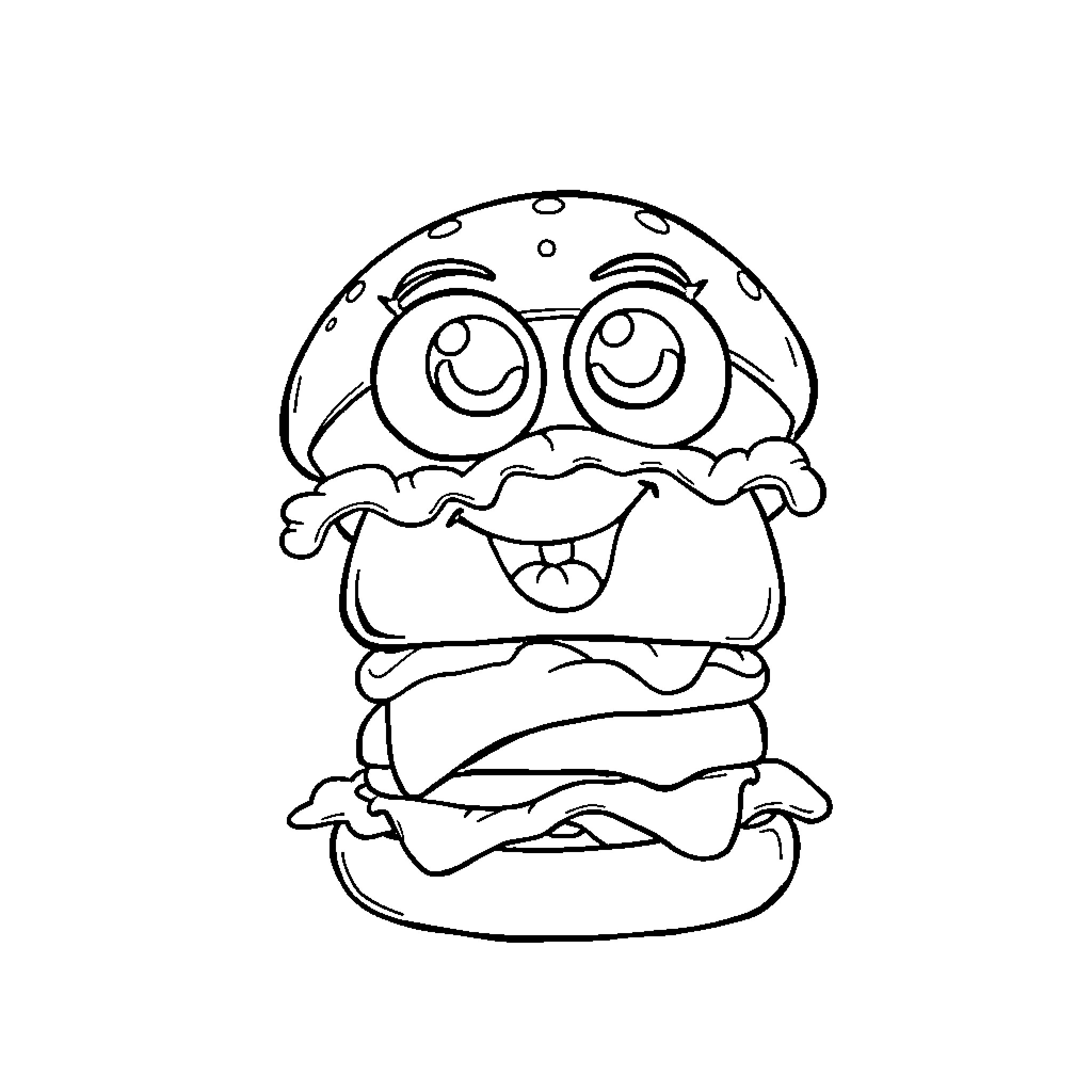 Burger character with silly expression Coloring Page (free black-and-white line drawing printable PDF for all, from beginners to advanced learners, including children, teens, adults, and seniors)