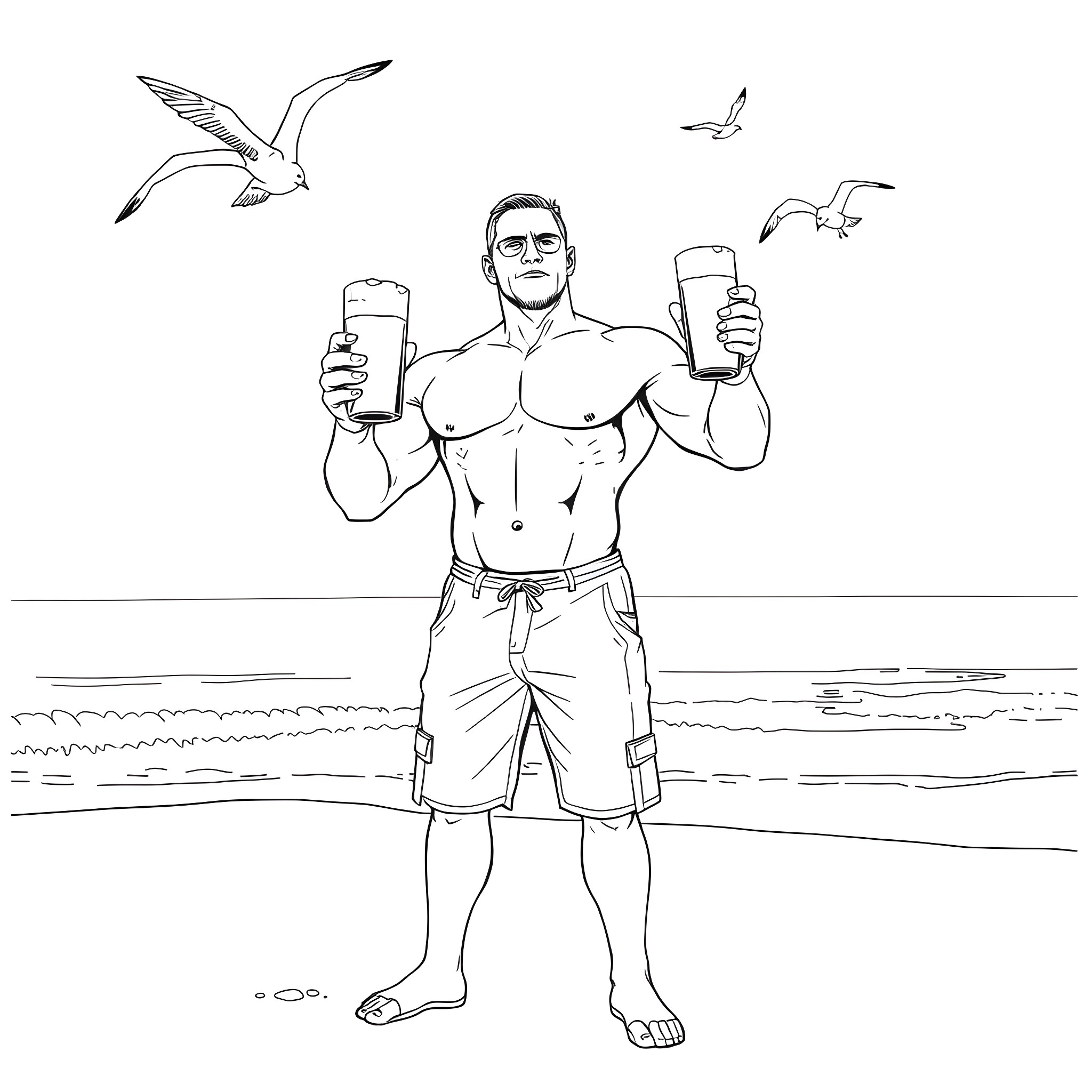 John Cena flexing muscles while holding drinks on beach Coloring Page (free black-and-white line drawing printable PDF for all, from beginners to advanced learners, including children, teens, adults, and seniors)