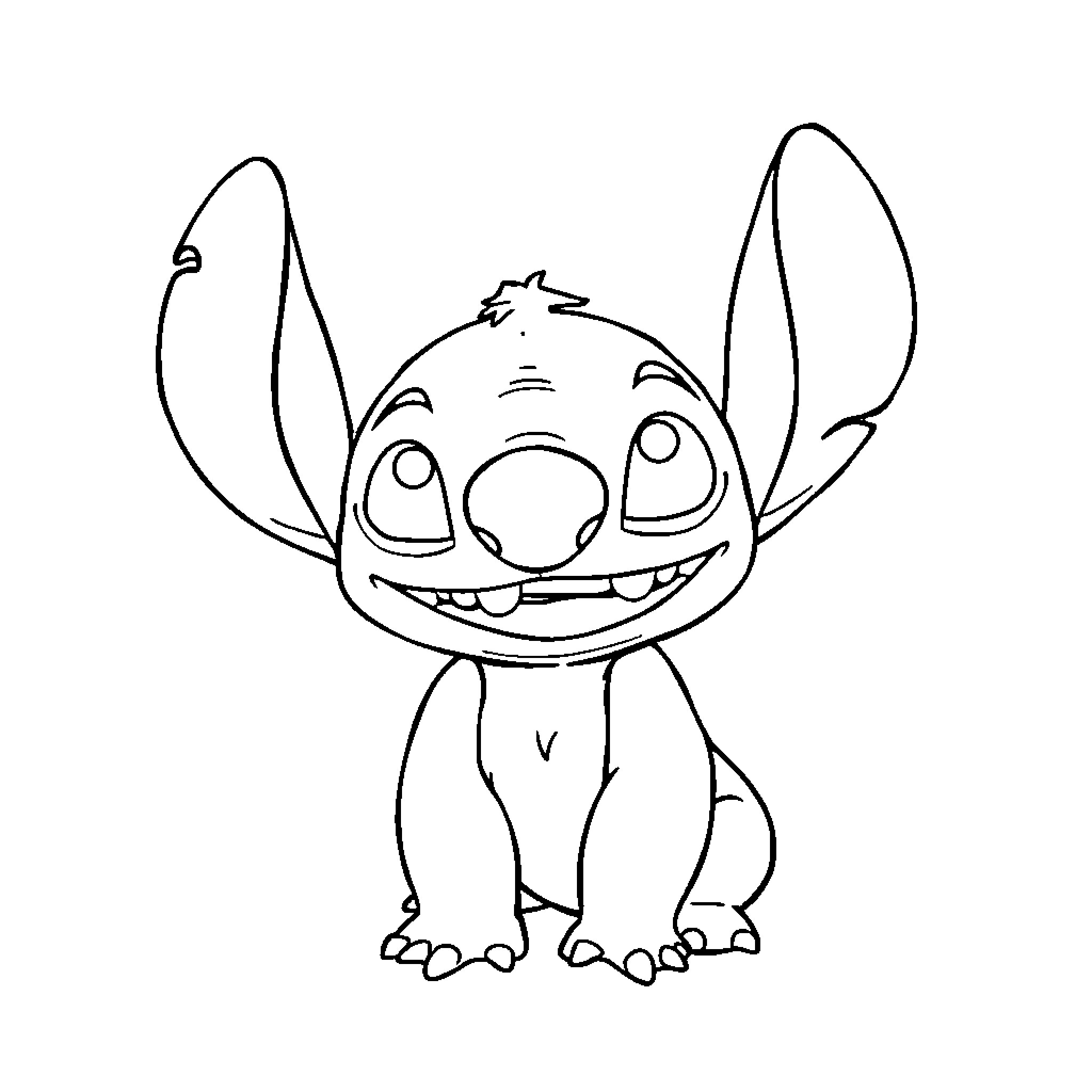 Stitch smiling mischievously with big ears Coloring Page (free black-and-white line drawing printable PDF for all, from beginners to advanced learners, including children, teens, adults, and seniors)