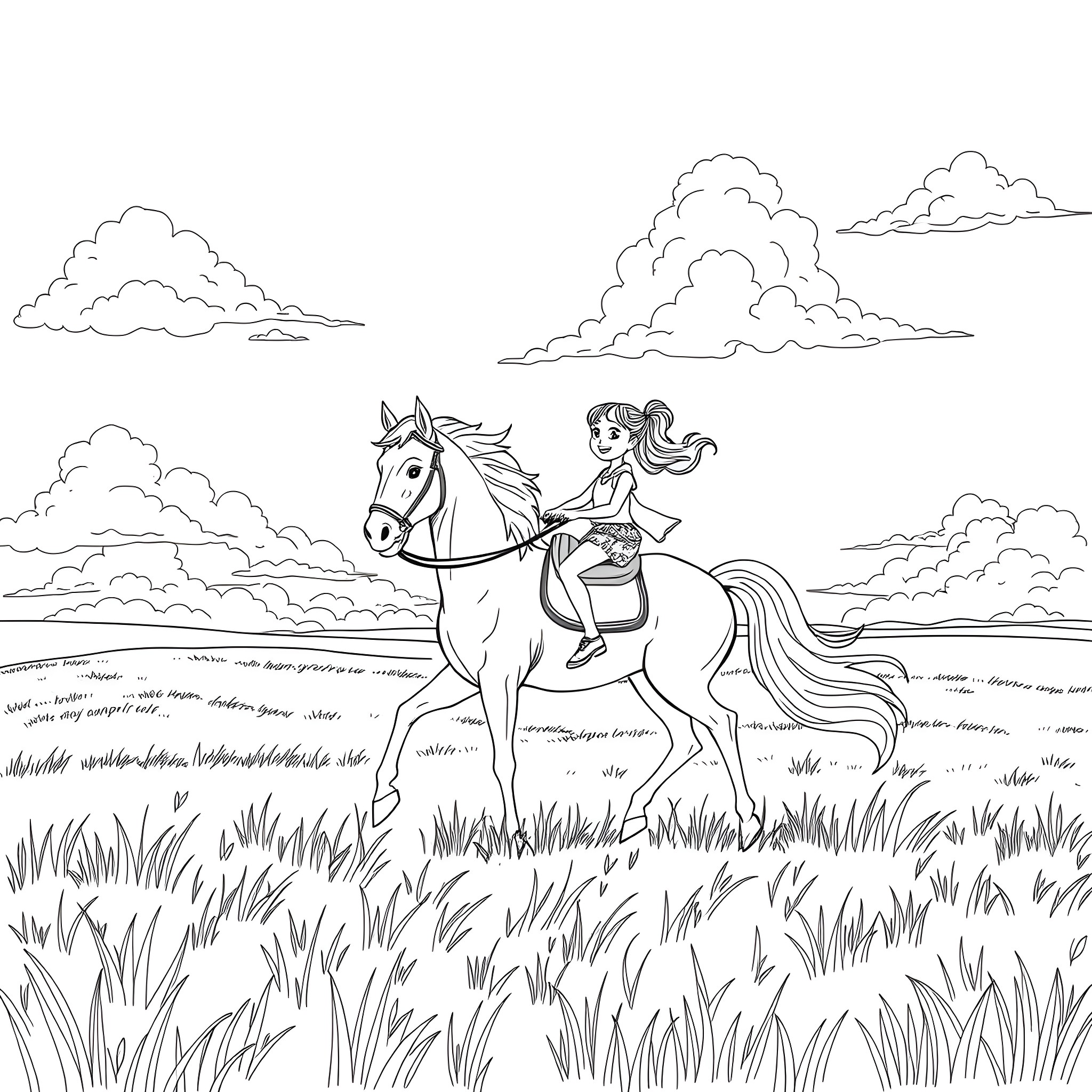 Girl riding a horse in the countryside Coloring Page (free black-and-white line drawing printable PDF for all, from beginners to advanced learners, including children, teens, adults, and seniors)