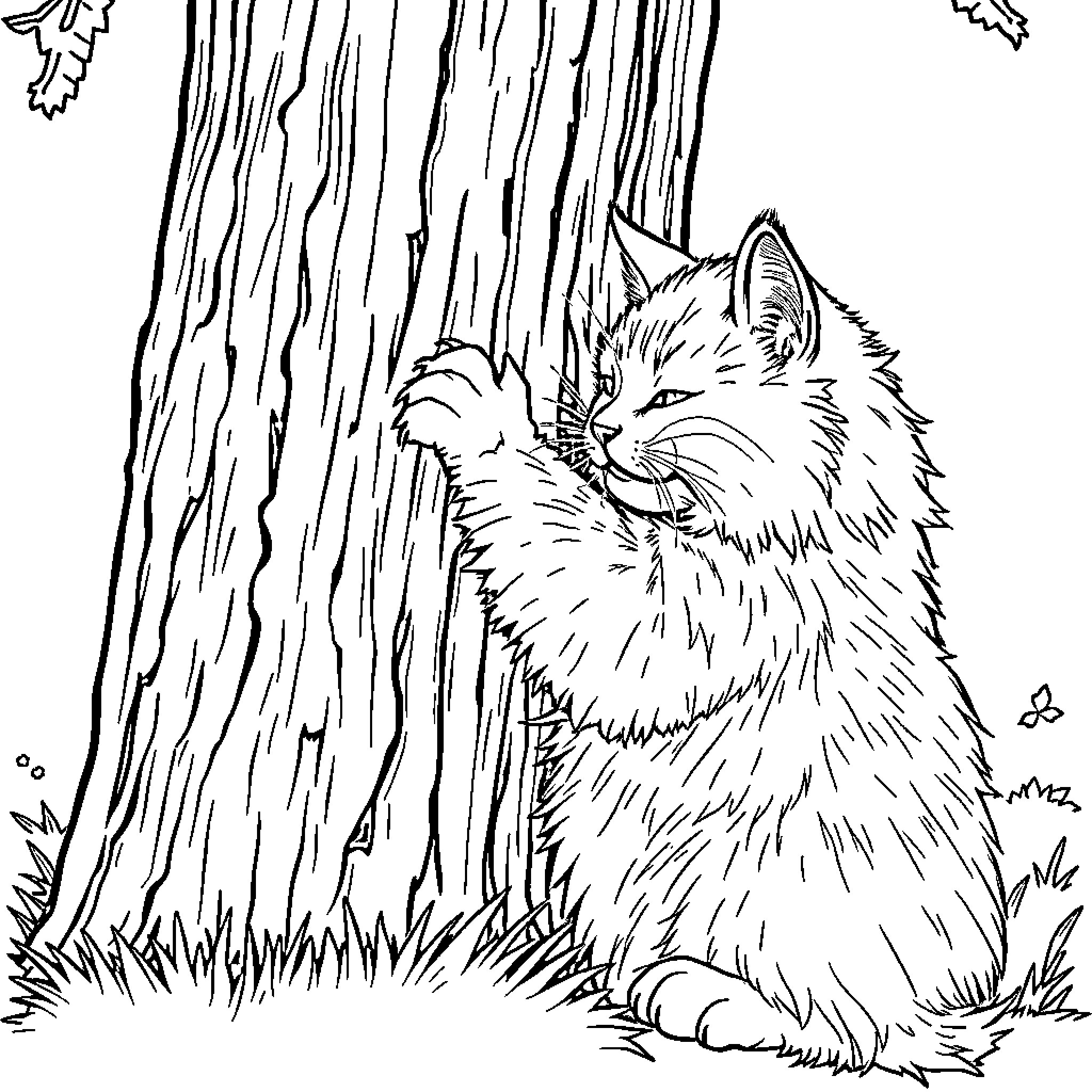 Cat relaxing against tree trunk in forest Coloring Page (free black-and-white line drawing printable PDF for all, from beginners to advanced learners, including children, teens, adults, and seniors)