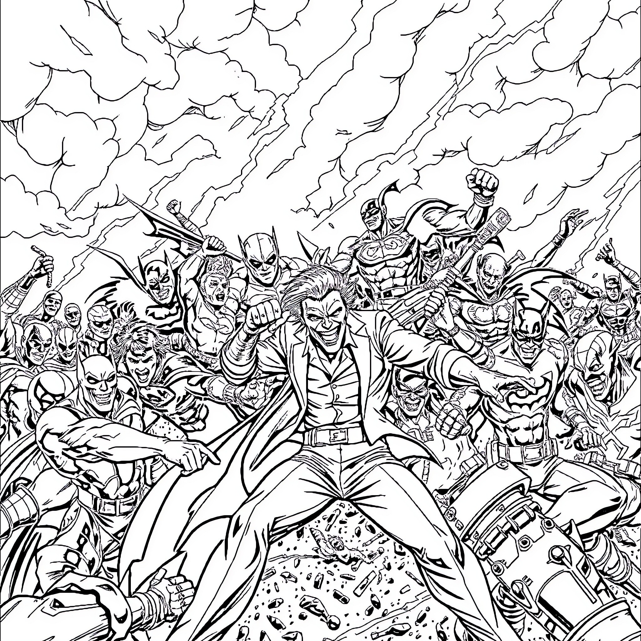 Superhero League Battles Fierce Foes in Explosive Scene Coloring Page (free black-and-white line drawing printable PDF for all, from beginners to advanced learners, including children, teens, adults, and seniors)