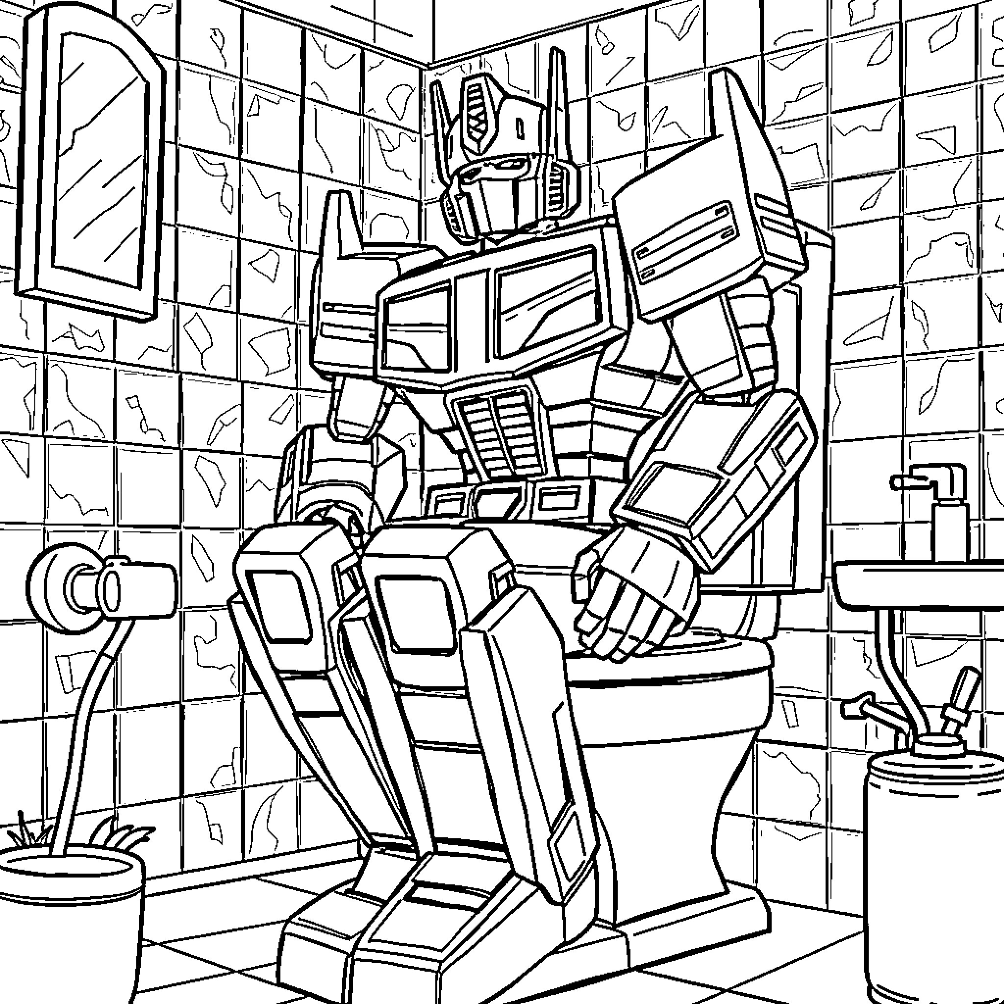Optimus Prime in an industrial-looking environment Coloring Page (free black-and-white line drawing printable PDF for all, from beginners to advanced learners, including children, teens, adults, and seniors)