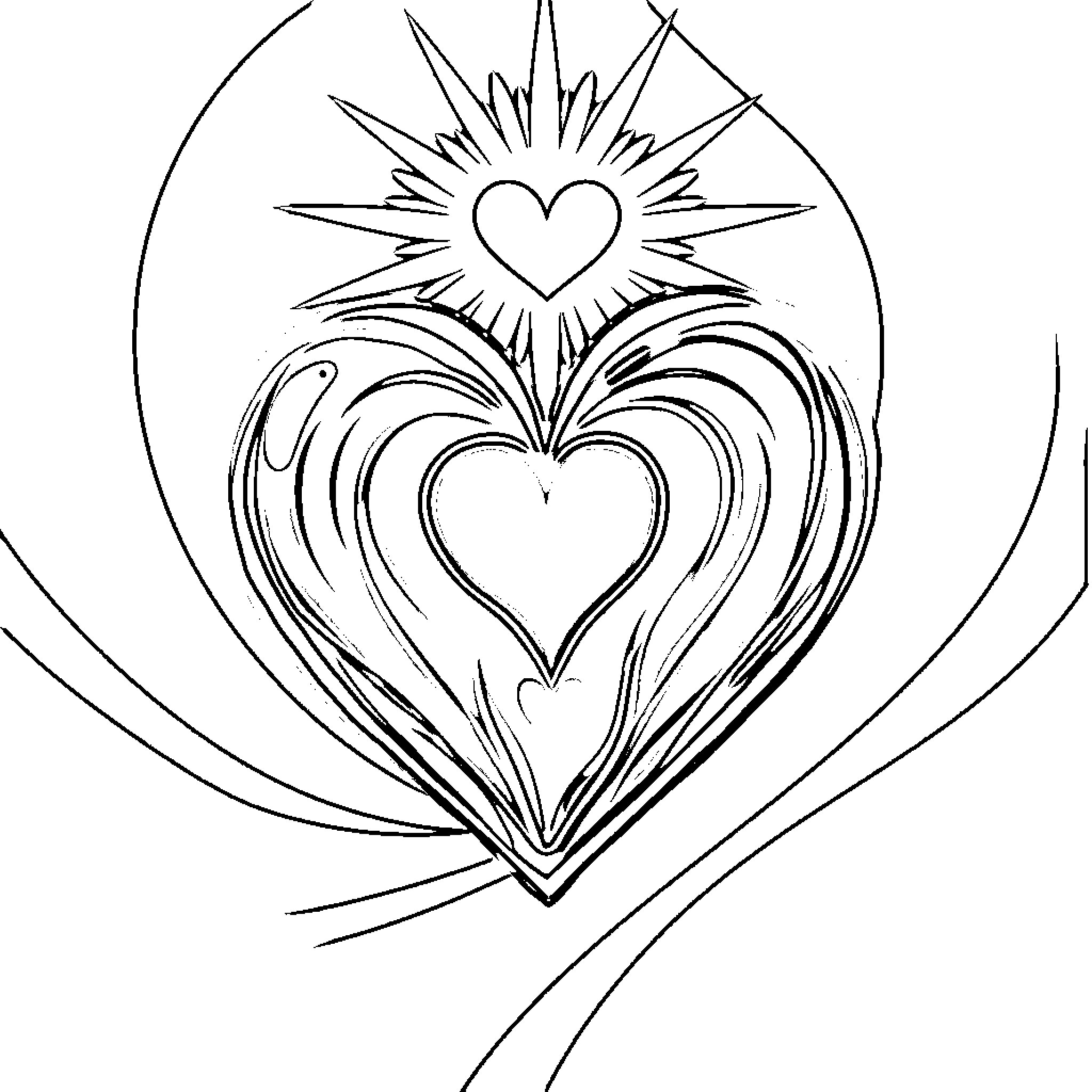Heart-shaped abstract design with radiating patterns Coloring Page (free black-and-white line drawing printable PDF for all, from beginners to advanced learners, including children, teens, adults, and seniors)