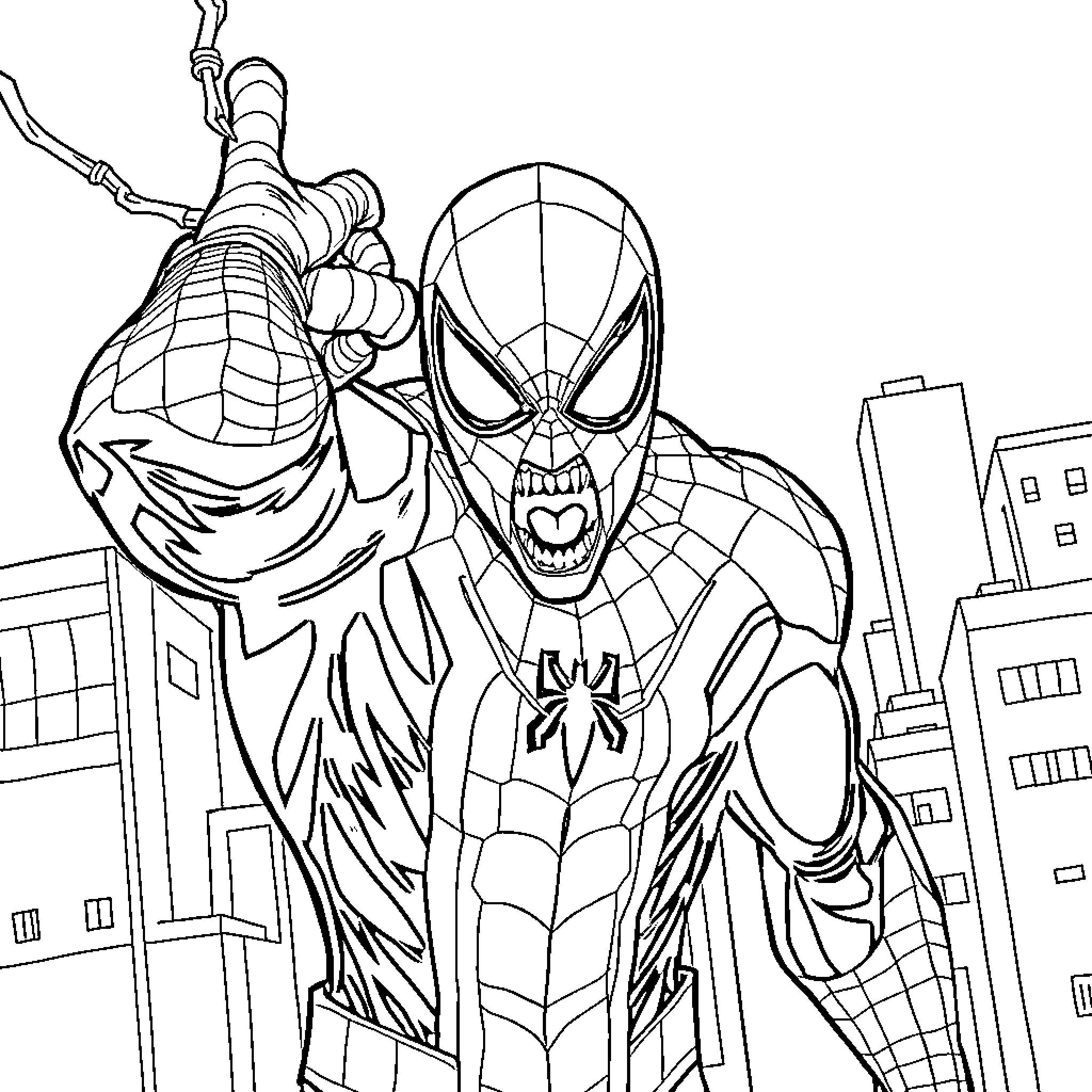 Spiderman swinging through the city with determination Coloring Page (free black-and-white line drawing printable PDF for all, from beginners to advanced learners, including children, teens, adults, and seniors)