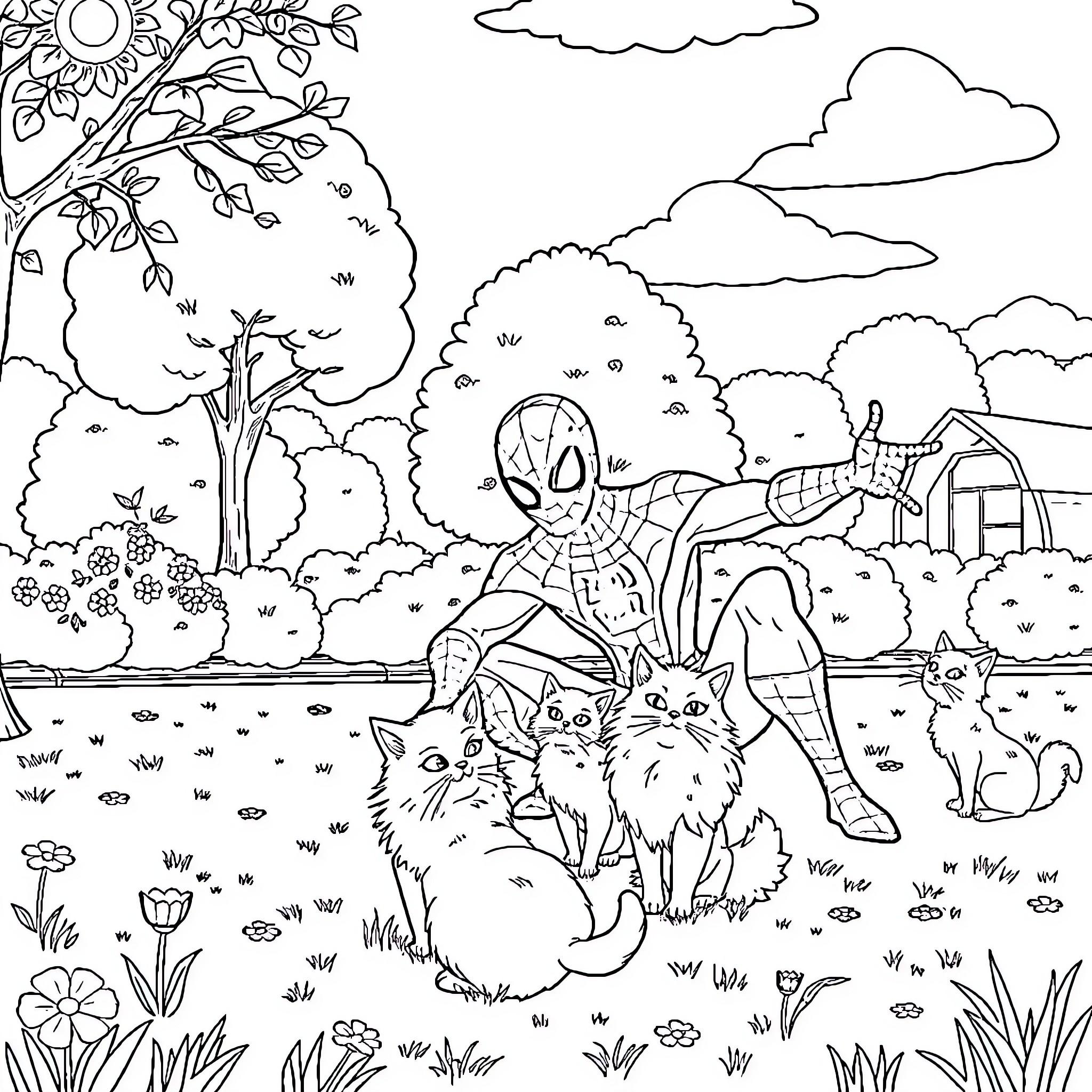 Spiderman helping animals in the countryside Coloring Page (free black-and-white line drawing printable PDF for all, from beginners to advanced learners, including children, teens, adults, and seniors)