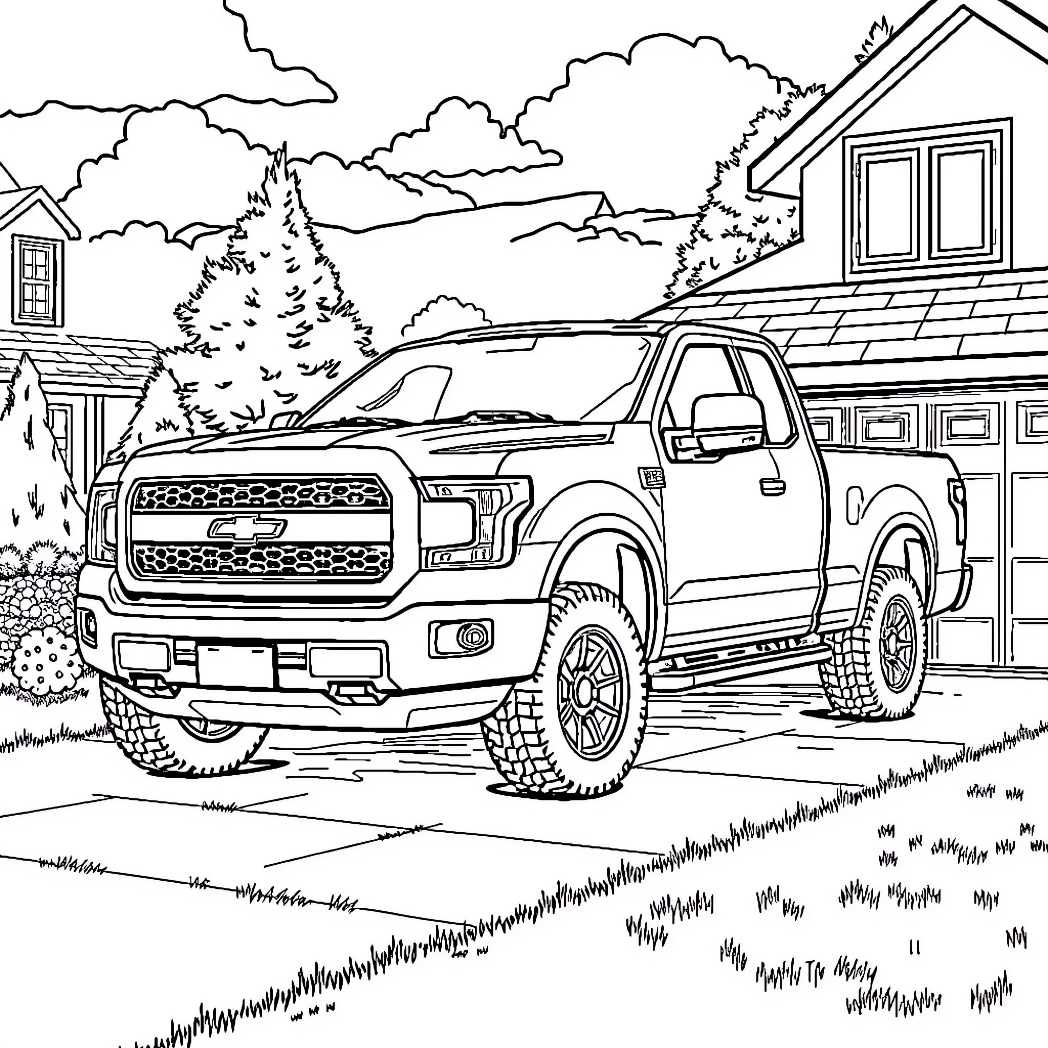 Pickup Truck parked near a cabin in the woods Coloring Page (free black-and-white line drawing printable PDF for all, from beginners to advanced learners, including children, teens, adults, and seniors)