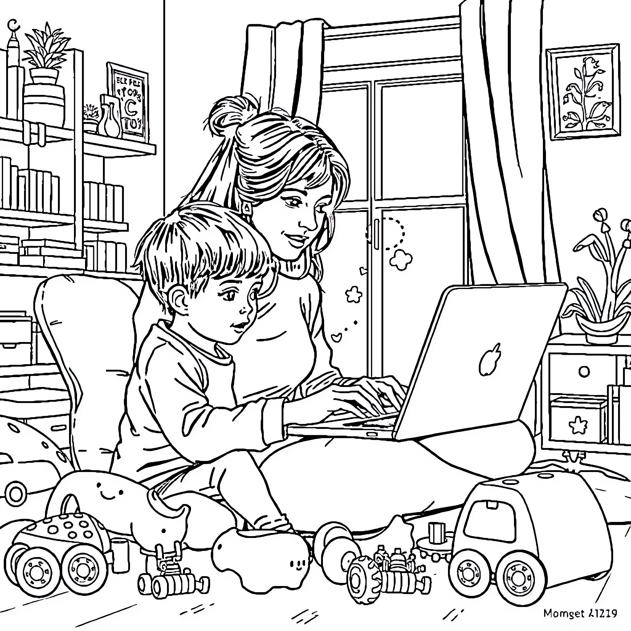 Mum helps child use laptop in cozy home setting Coloring Page (free black-and-white line drawing printable PDF for all, from beginners to advanced learners, including children, teens, adults, and seniors)