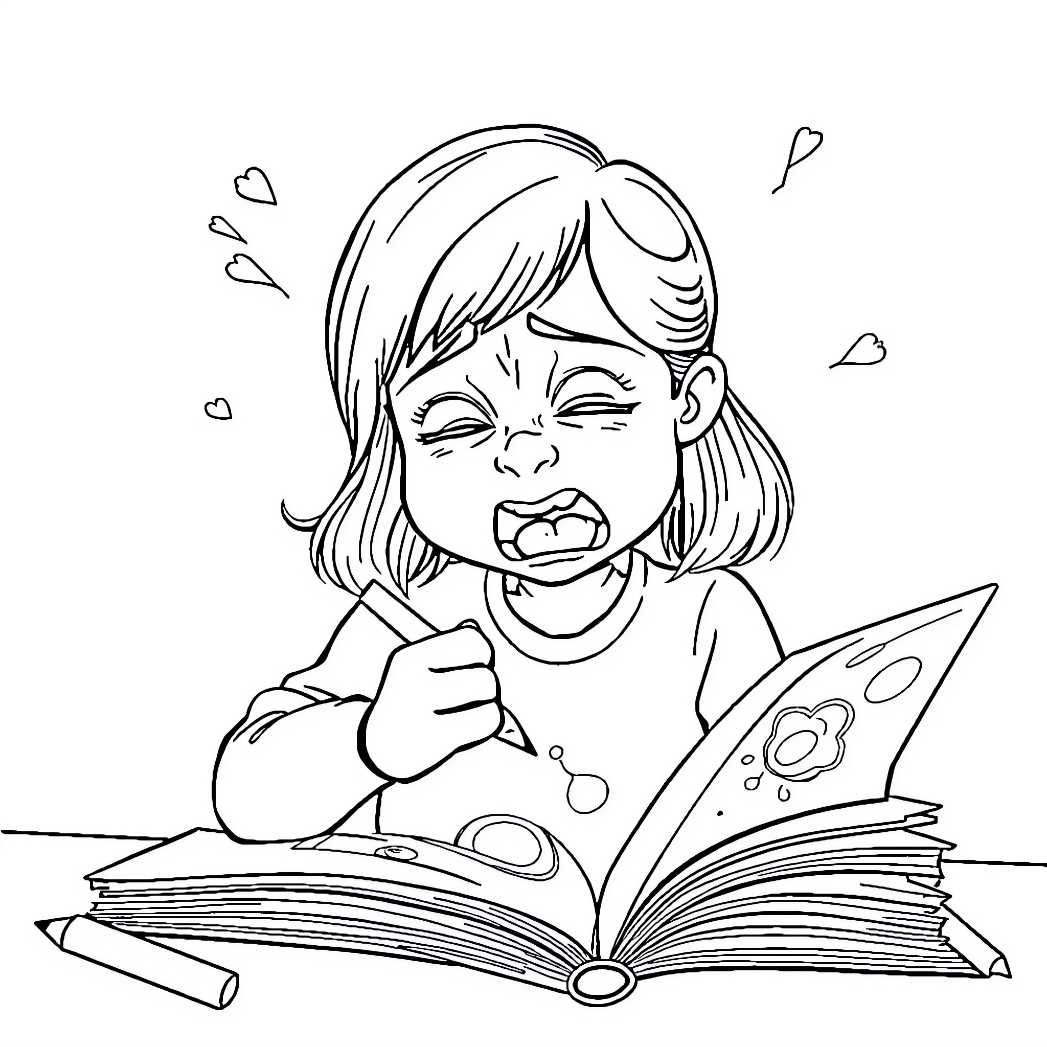 Girl deeply engrossed in a book Coloring Page (free black-and-white line drawing printable PDF for all, from beginners to advanced learners, including children, teens, adults, and seniors)