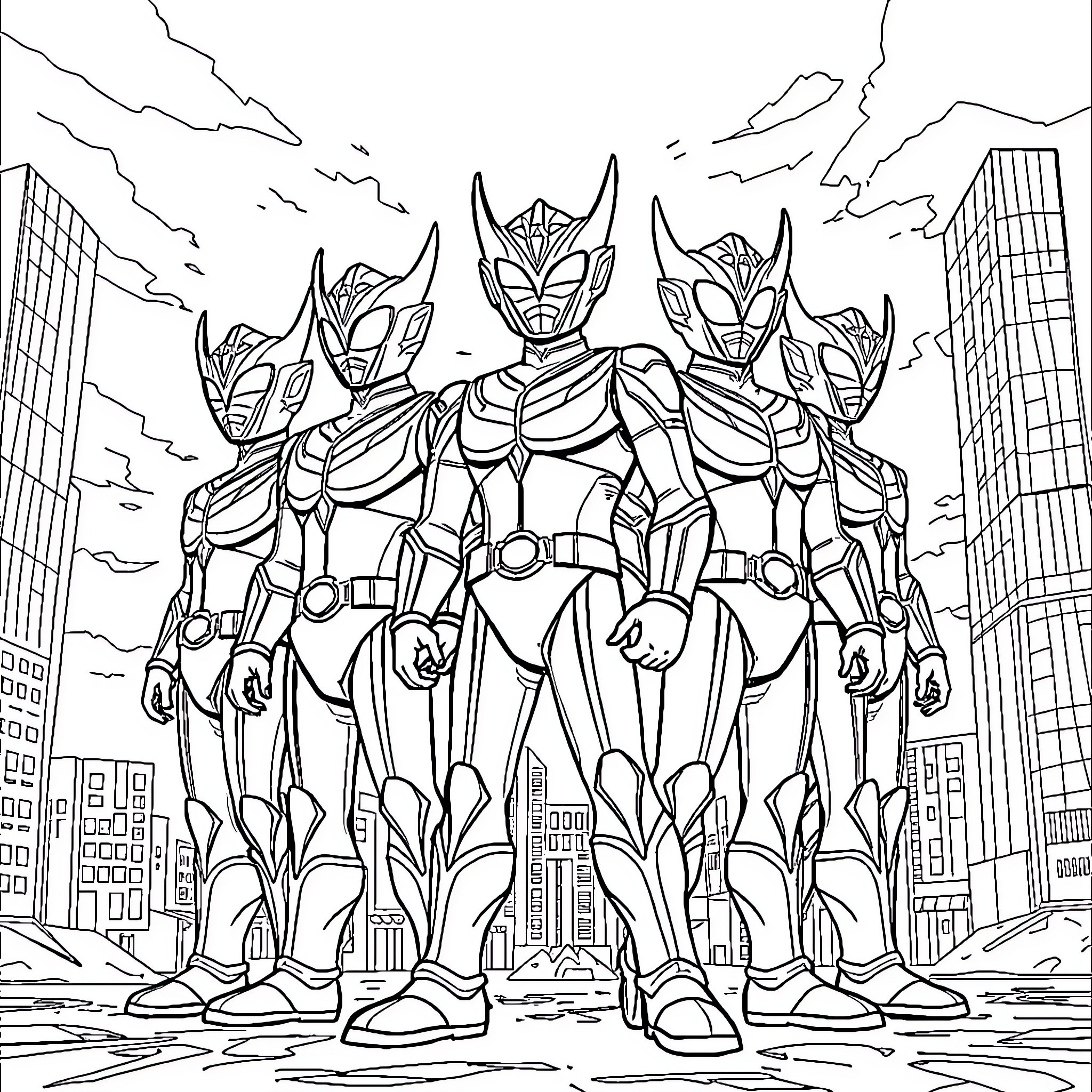 Ultraman team in heroic poses Coloring Page (free black-and-white line drawing printable PDF for all, from beginners to advanced learners, including children, teens, adults, and seniors)