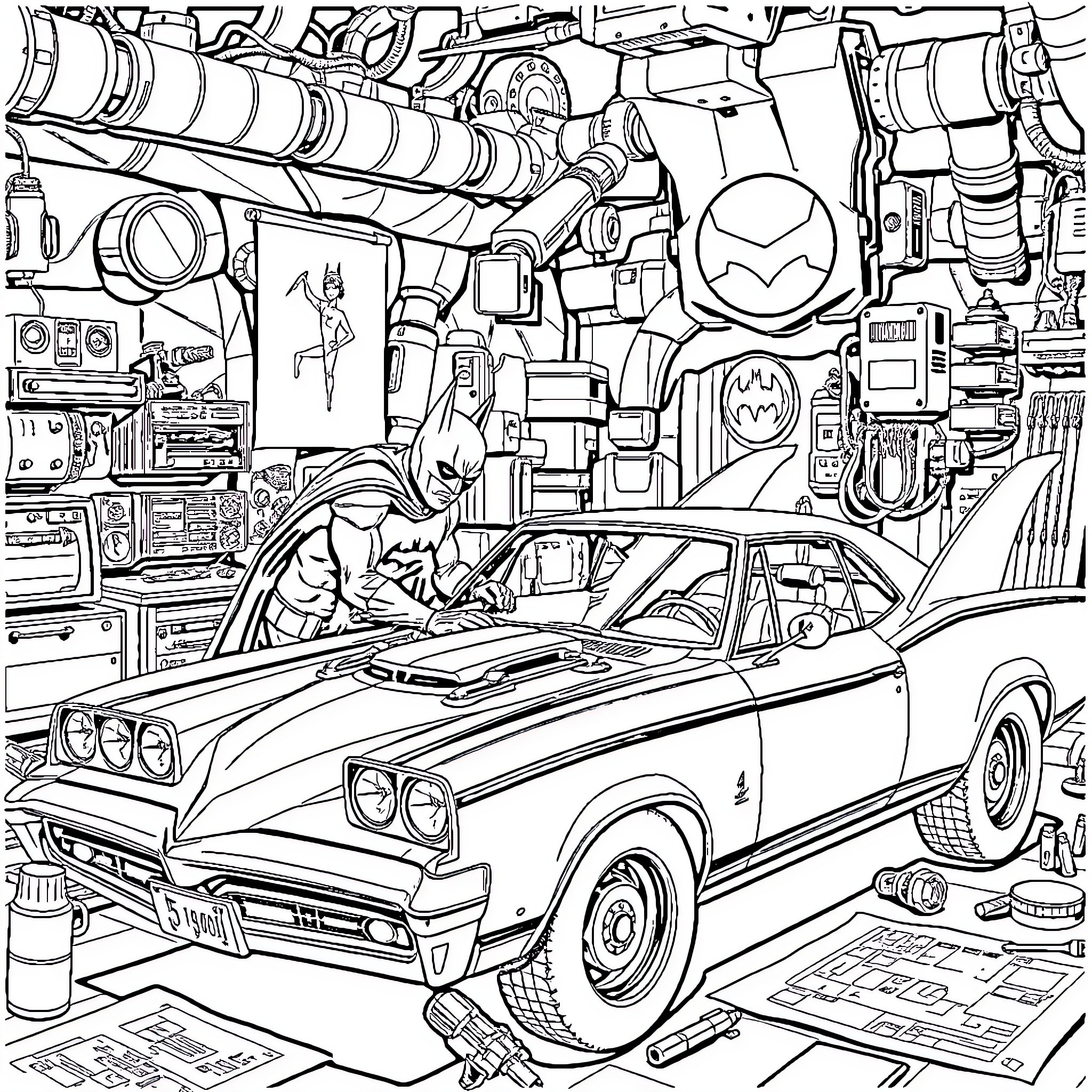Batman inspecting the Batmobile in the Batcave Coloring Page (free black-and-white line drawing printable PDF for all, from beginners to advanced learners, including children, teens, adults, and seniors)