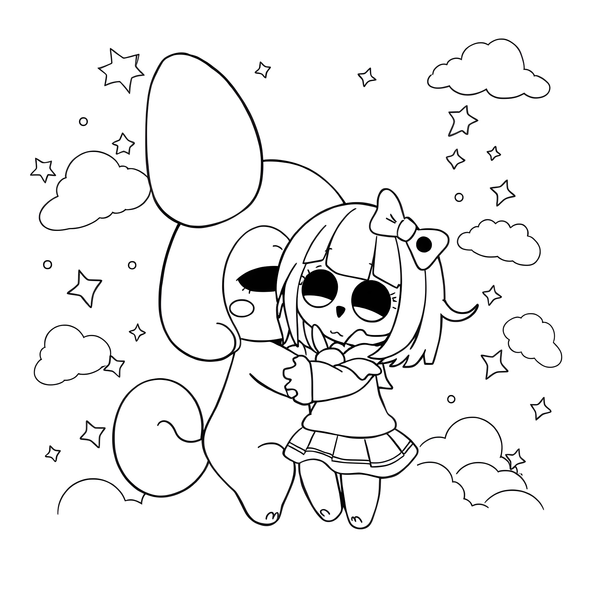 Cinnamoroll enjoying a magical dream with stars and clouds Coloring Page (free black-and-white line drawing printable PDF for all, from beginners to advanced learners, including children, teens, adults, and seniors)