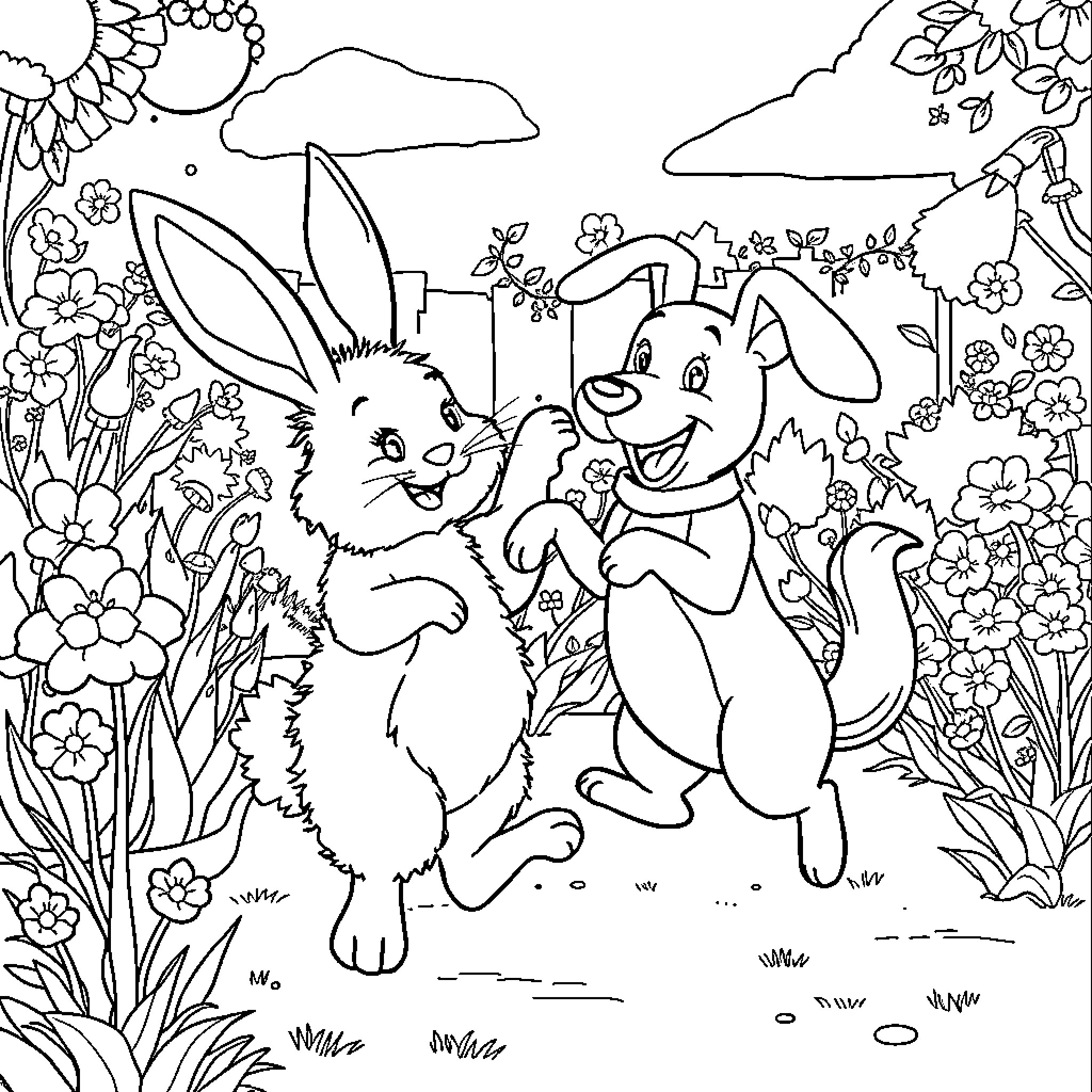 Bunnies frolicking in a floral meadow Coloring Page (free black-and-white line drawing printable PDF for all, from beginners to advanced learners, including children, teens, adults, and seniors)