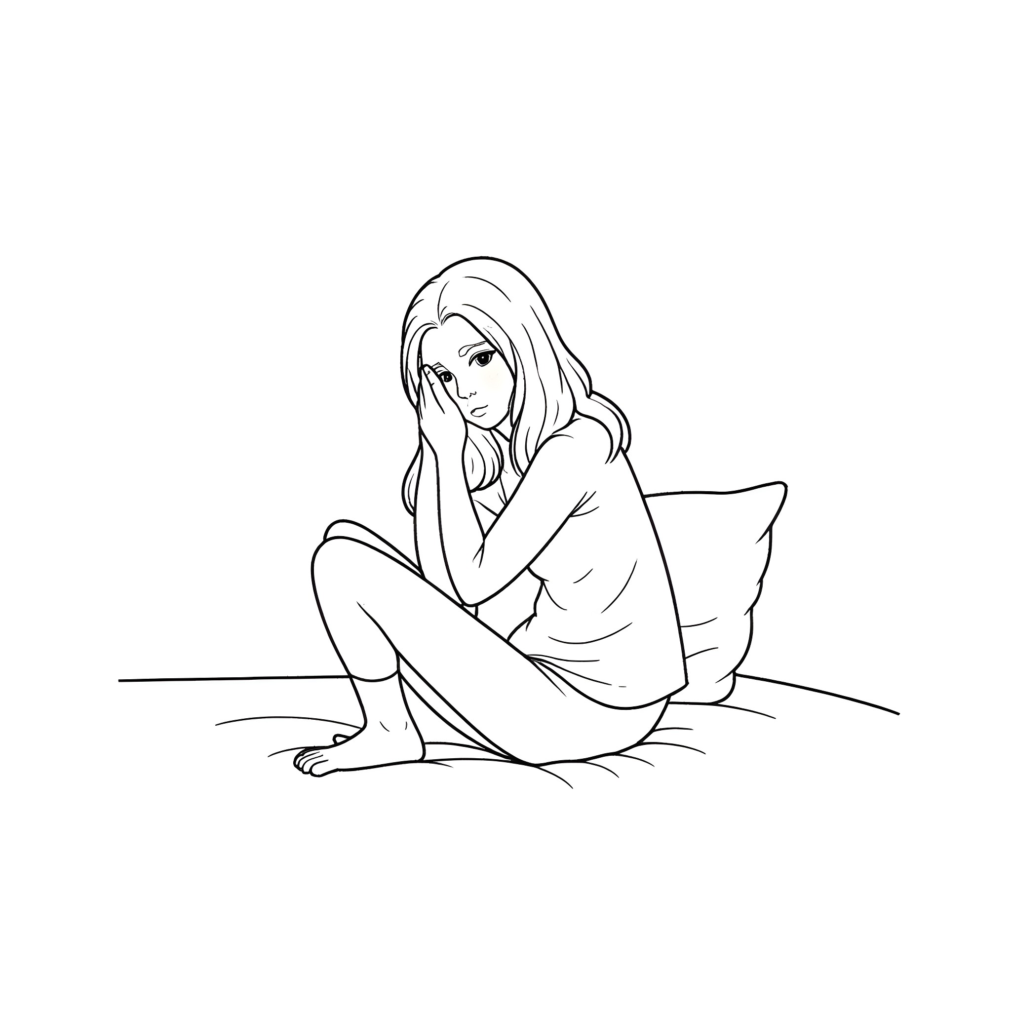 Woman sitting thoughtfully with head in hands Coloring Page (free black-and-white line drawing printable PDF for all, from beginners to advanced learners, including children, teens, adults, and seniors)